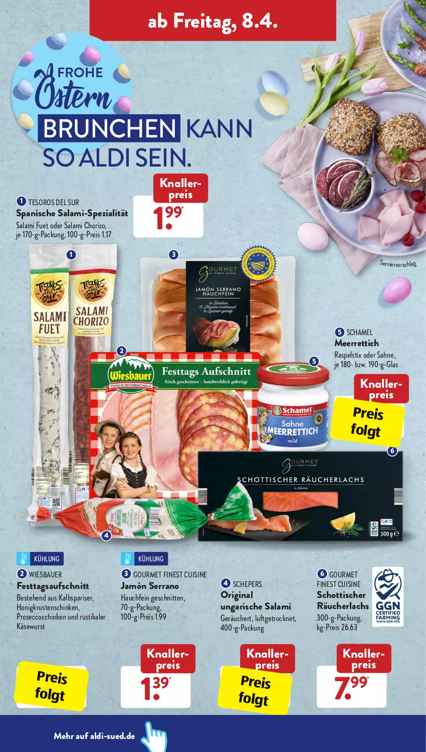 Aktueller Prospekt AldiSud - ALDI Aktuell - von 04.04 bis 09.04.2022 - strona 24 - produkty: aldi, auer, aufschnitt, Bau, Bauer, chorizo, ecco, eis, gin, honig, jamón serrano, Kalbspariser, Käse, Käsewurst, knallerpreis, Krustenschinken, lachs, LG, meerrettich, prosecco, Räucherlachs, reis, Rettich, sahne, salami, schamel, schinken, schnitten, schott, serrano, Spezi, Ti, tisch, Ungarische Salami, wiesbauer, wurst