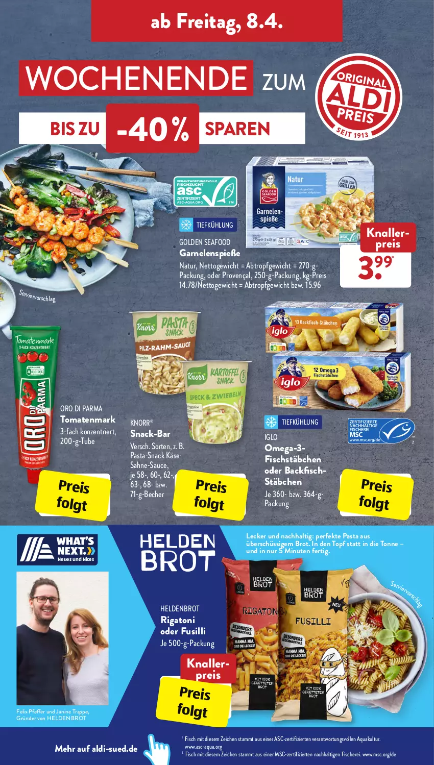 Aktueller Prospekt AldiSud - ALDI Aktuell - von 04.04 bis 09.04.2022 - strona 26 - produkty: aldi, aqua, backfisch, Becher, brot, eis, felix, fisch, fische, Fischer, fischstäbchen, fusilli, garnelen, iglo, Käse, knallerpreis, knorr, LG, natur, omega, Omega-3, oro di parma, pasta, pfeffer, reis, sahne, sauce, Schere, snack, Ti, tomate, tomaten, tomatenmark, topf