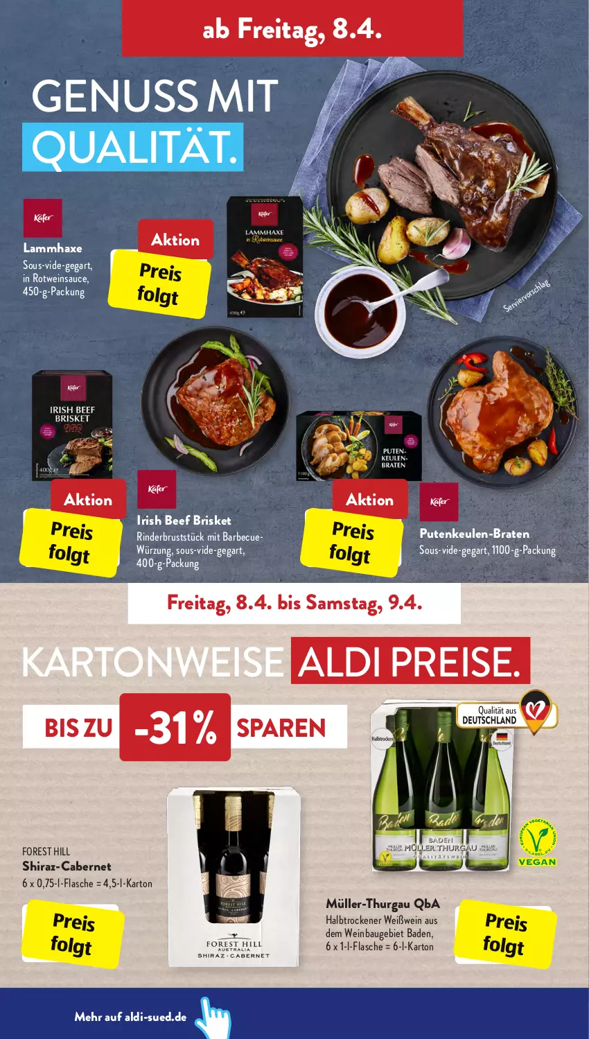 Aktueller Prospekt AldiSud - ALDI Aktuell - von 04.04 bis 09.04.2022 - strona 30 - produkty: aldi, axe, Bad, barbecue, Bau, beef, braten, cabernet, eis, flasche, Haxe, lamm, LG, Müller, Müller-Thurgau, nuss, pute, reis, rind, rinder, rotwein, sauce, Ti, wein, Weißwein