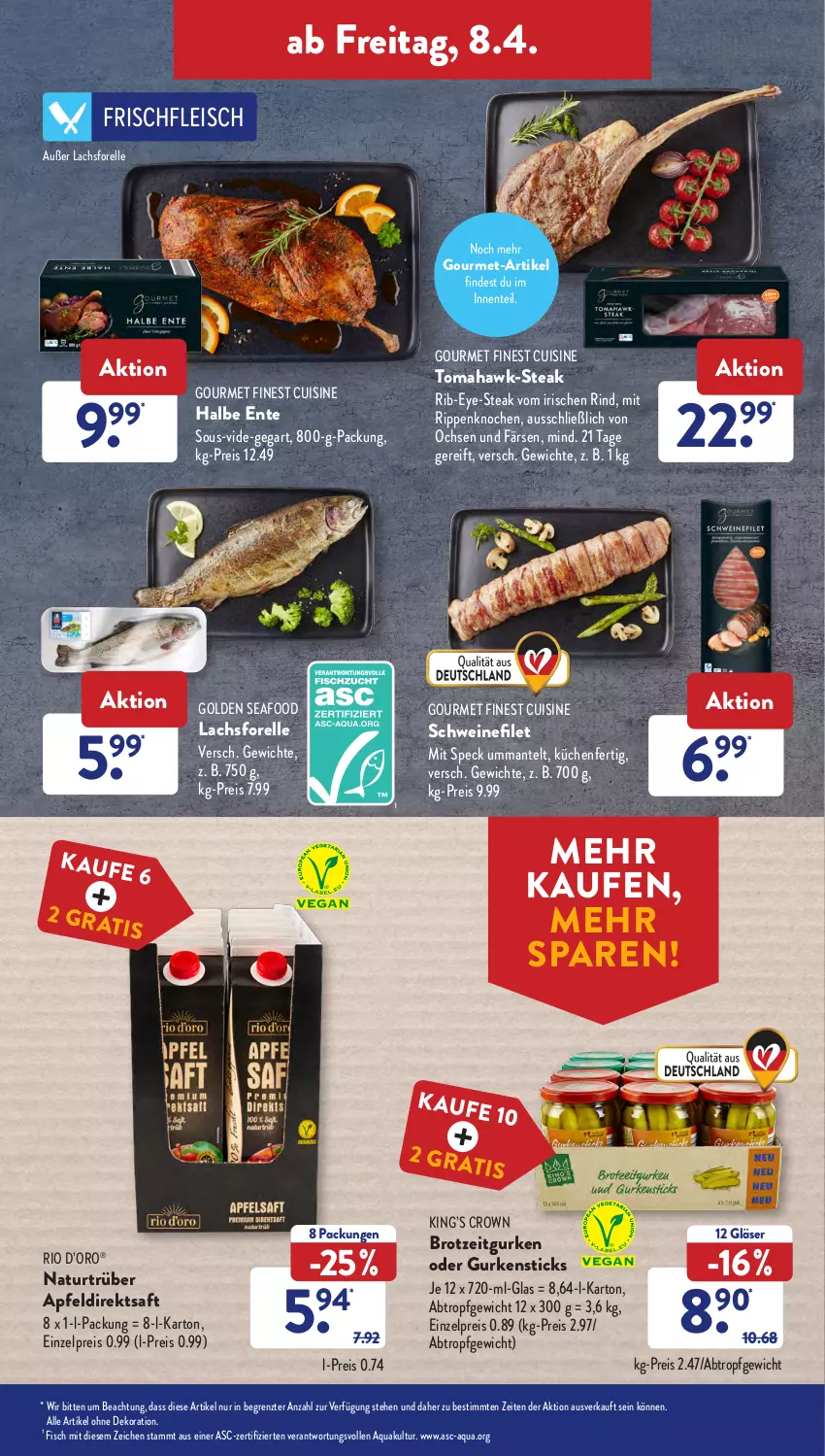 Aktueller Prospekt AldiSud - ALDI Aktuell - von 04.04 bis 09.04.2022 - strona 31 - produkty: alle artikel ohne dekoration, apfel, Apfeldirektsaft, aqua, brot, dekoration, direktsaft, eis, elle, ente, filet, fisch, fleisch, forelle, Gläser, gurke, gurken, küche, Küchen, lachs, Mantel, natur, reis, rel, rind, Rippen, saft, schwein, schweine, schweinefilet, Speck, steak, Ti, wein, weine, ZTE