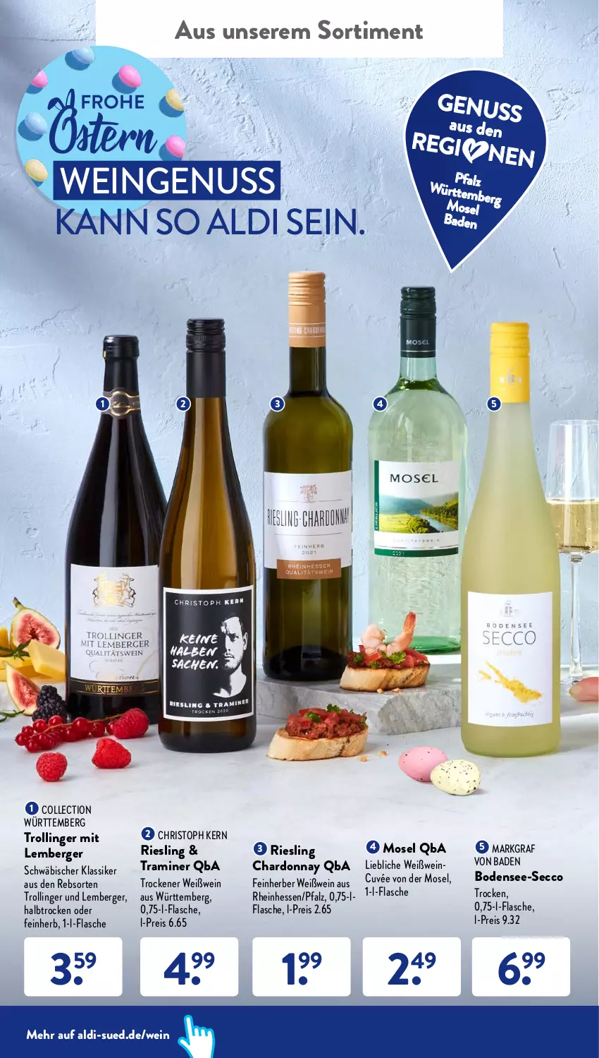 Aktueller Prospekt AldiSud - ALDI Aktuell - von 04.04 bis 09.04.2022 - strona 36 - produkty: aldi, Bad, Berger, chardonnay, cuvée, ecco, eis, flasche, nuss, reis, riesling, Ti, trolli, trollinger, wein, Weißwein