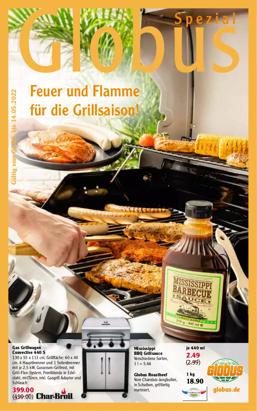 Aktueller Prospekt Globus - Prospekte - von 02.05 bis 14.05.2022 - strona 1 - produkty: adapter, beef, edelstahl, eis, gasgrill, grill, grillfläche, grillrost, grillsauce, jungbullen, lamm, roastbeef, sauce, schlauch, Spezi, Ti