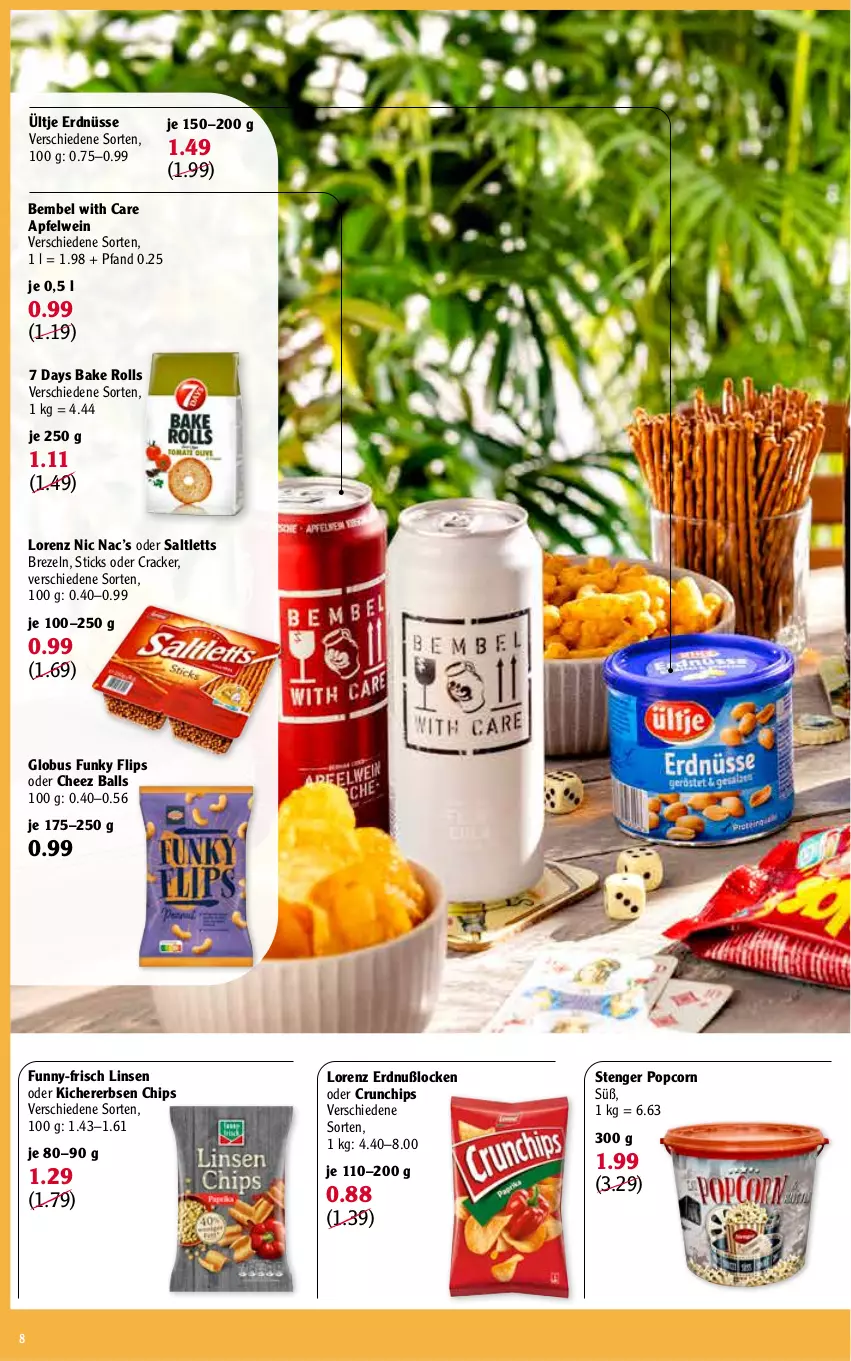 Aktueller Prospekt Globus - Prospekte - von 02.05 bis 14.05.2022 - strona 8 - produkty: apfel, apfelwein, ball, brezel, Brezeln, chips, cracker, crunchips, erbsen, erdnüsse, funny-frisch, kichererbsen, Kichererbsen Chips, linsen, lorenz, popcorn, saltletts, Ti, ültje, ültje erdnüsse, wein