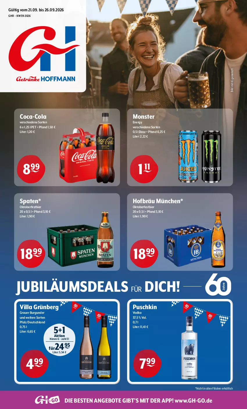 Aktueller Prospekt Getraenke Hoffmann - Prospekte - von 21.09 bis 26.09.2026 - strona 1 - produkty: angebot, angebote, auer, bier, burgunder, coca-cola, cola, grauer burgunder, Jubiläums, monster, Spaten, Ti, vodka