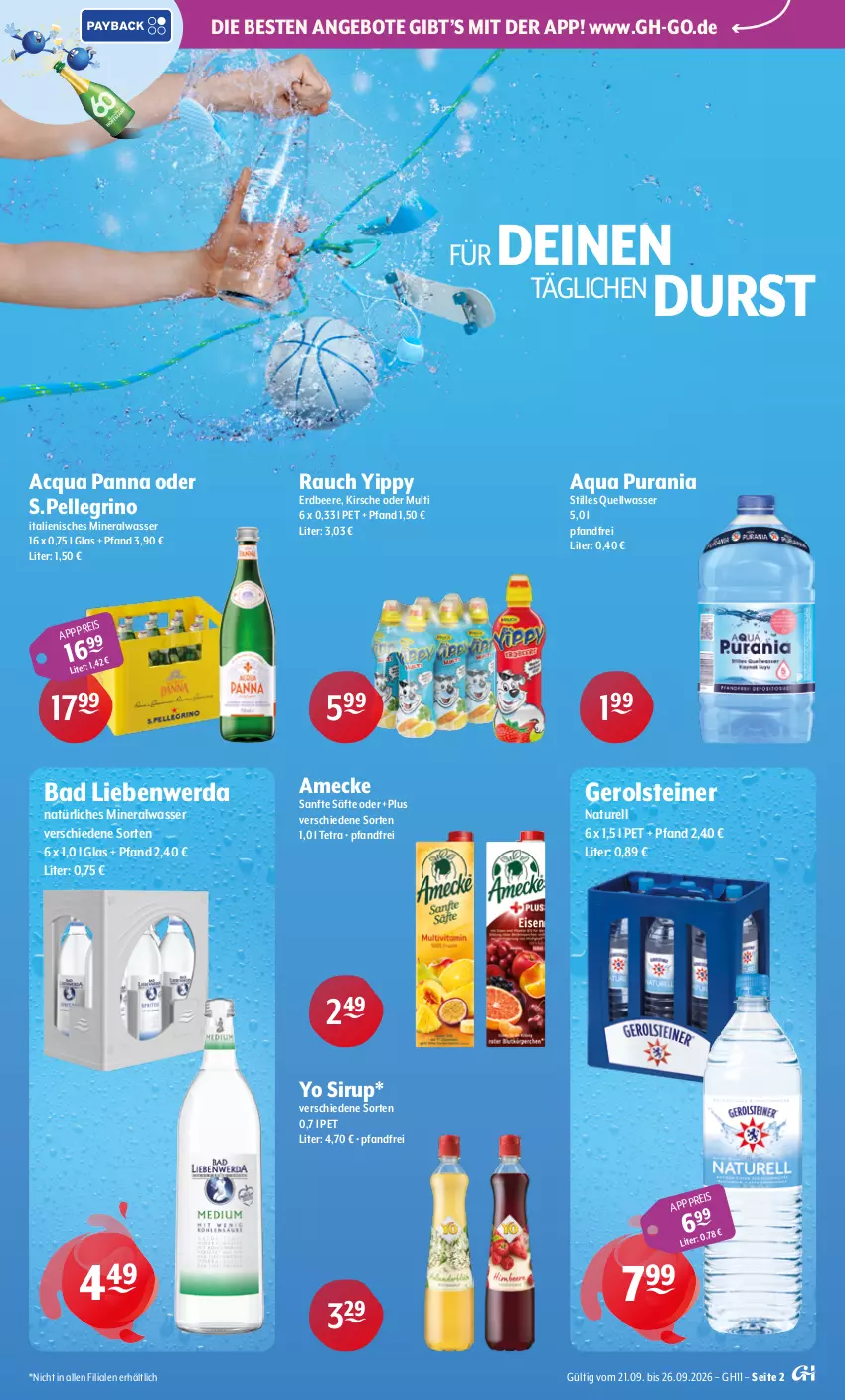 Aktueller Prospekt Getraenke Hoffmann - Prospekte - von 21.09 bis 26.09.2026 - strona 2 - produkty: Alwa, amecke, angebot, angebote, aqua, Bad, Bad Liebenwerda, beere, eis, elle, erdbeere, gerolsteine, gerolsteiner, kirsch, kirsche, mineralwasser, natur, natürliches mineralwasser, Rauch, rel, säfte, sirup, steiner, Ti, wasser, Yo