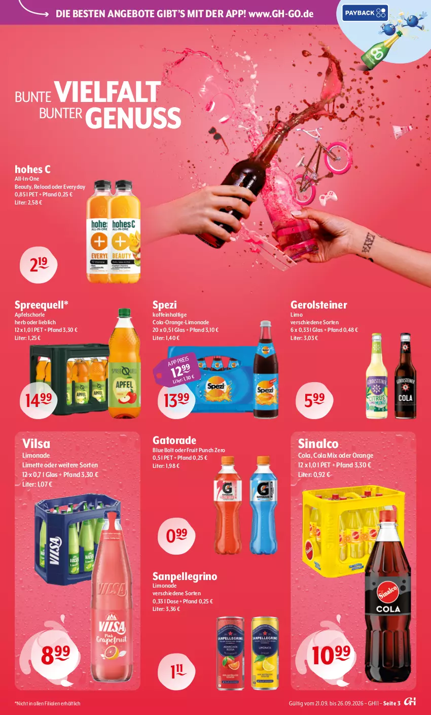 Aktueller Prospekt Getraenke Hoffmann - Prospekte - von 21.09 bis 26.09.2026 - strona 3 - produkty: angebot, angebote, apfel, Apfelschorle, cola, eis, elle, gerolsteine, gerolsteiner, Hohes C, limette, limo, limonade, Mett, nuss, orange, rel, sanpellegrino, schorle, sinalco, Spezi, Spreequell, steiner, Ti, vilsa
