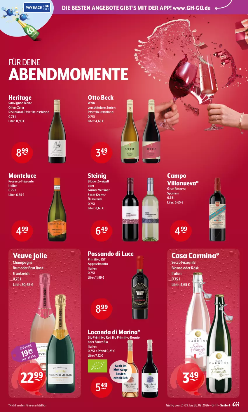 Aktueller Prospekt Getraenke Hoffmann - Prospekte - von 21.09 bis 26.09.2026 - strona 4 - produkty: angebot, angebote, auer, bio, blauer zweigelt, brut, champagne, ecco, eis, ente, frizzante, grüner veltliner, monte, olive, primitivo, prosecco, rosato, rwe, sauvignon, sauvignon blanc, sim, Ti, wein, Zweigelt