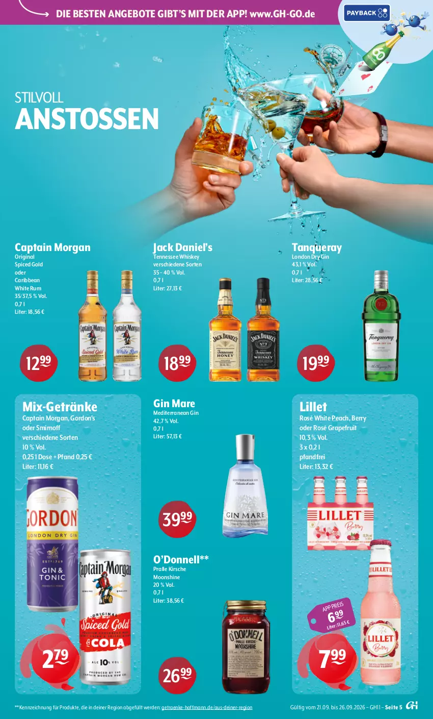Aktueller Prospekt Getraenke Hoffmann - Prospekte - von 21.09 bis 26.09.2026 - strona 5 - produkty: angebot, angebote, Cap, captain morgan, dry gin, eis, erde, getränk, getränke, gin, gin mare, gordon, Gordon’s, grapefruit, jack daniel, Jack Daniel’s, kirsch, kirsche, lillet, london dry, london dry gin, original spiced gold, rum, smirnoff, Tanqueray, tennessee whiskey, Ti, whiskey, white rum