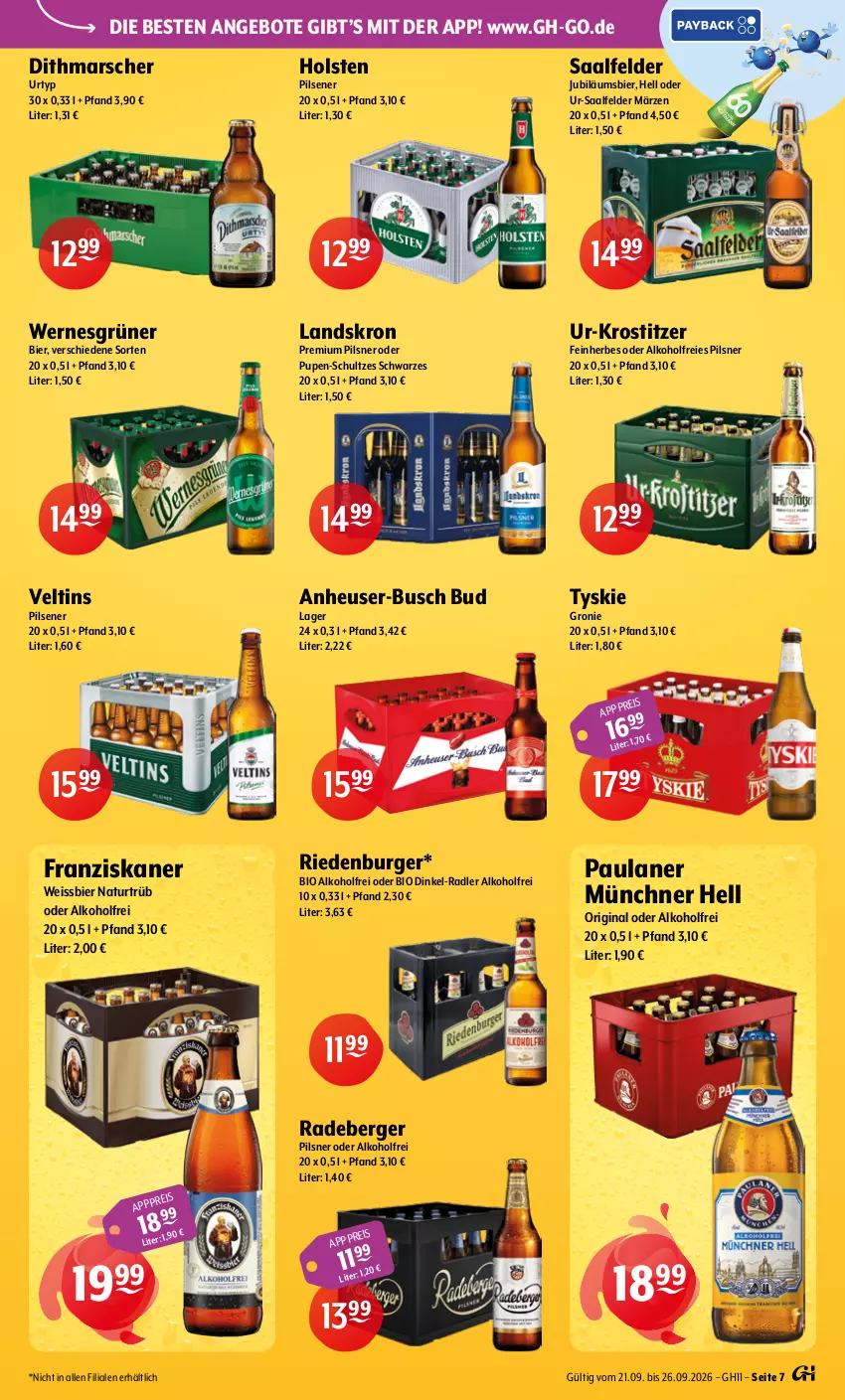 Aktueller Prospekt Getraenke Hoffmann - Prospekte - von 21.09 bis 26.09.2026 - strona 7 - produkty: alkohol, angebot, angebote, Berger, bier, bio, burger, eis, franziskaner, gin, Heu, holsten, Jubiläums, mars, natur, Paula, paulaner, pils, pilsener, pilsner, premium pils, radeberger, radeberger pilsner, radler, Saalfelder, Ti, tyskie, urtyp, veltins, weissbier