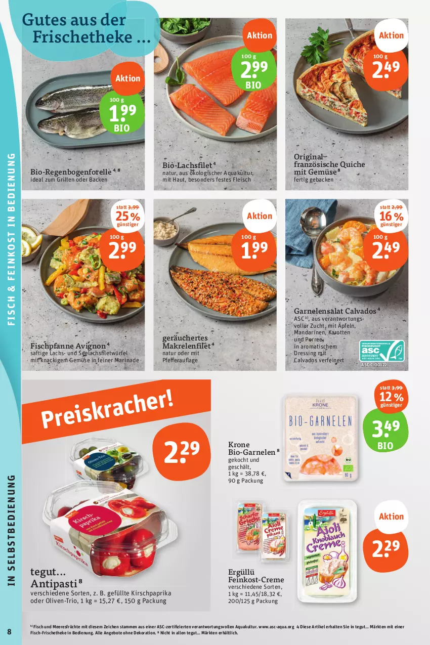 Aktueller Prospekt Tegut - Angebote der Woche - von 04.09 bis 09.09.2023 - strona 10 - produkty: angebot, angebote, antipasti, aqua, asti, bio, creme, dekoration, dressing, eis, elle, feinkost, filet, fisch, Fisch und Meeresfrüchte, fleisch, forelle, früchte, garnelen, geback, gin, grill, HP, ideal zum grillen, karotten, kirsch, krone, lachs, lachsfilet, Makrele, mandarine, mandarinen, marinade, meeresfrüchte, mit gemüse, natur, olive, oliven, paprika, pfanne, Quiche, reis, rel, saft, salat, seelachsfilet, Ti, tisch, würfel