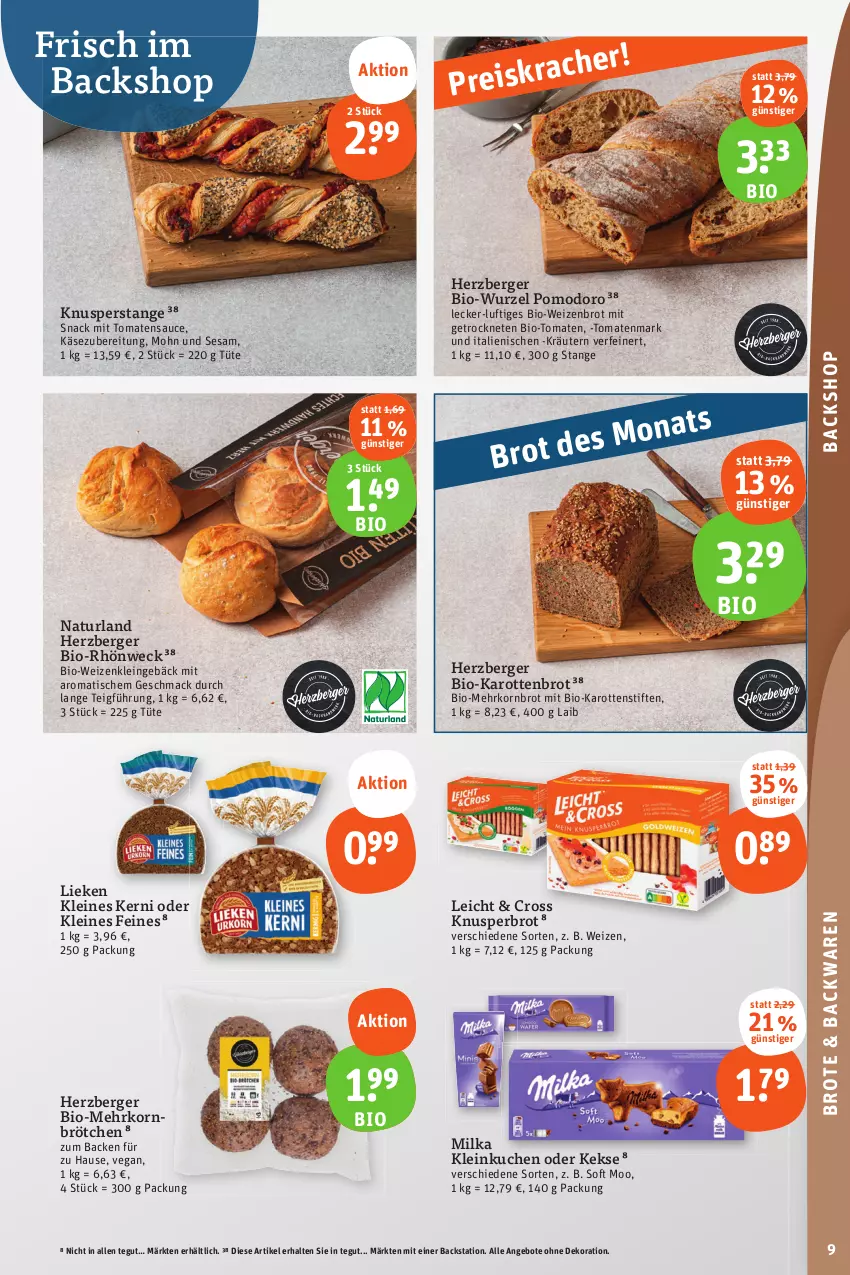 Aktueller Prospekt Tegut - Angebote der Woche - von 04.09 bis 09.09.2023 - strona 11 - produkty: angebot, angebote, backwaren, Berger, bio, bio-karotten, brot, brötchen, dekoration, eis, herzberger, karotten, Käse, keks, kekse, korn, Kornbrot, kräuter, kräutern, kuchen, leine, lieken, mac, mehrkornbrötchen, milka, natur, naturland, reis, sauce, sesam, snack, stifte, Ti, tisch, tomate, tomaten, tomatenmark, tomatensauce, Tüte, weck, Weizenbrot