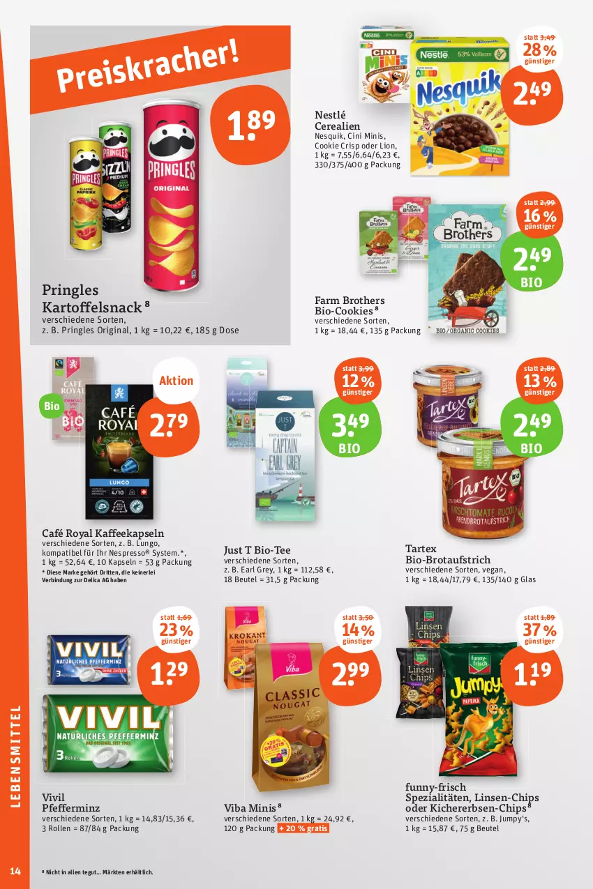 Aktueller Prospekt Tegut - Angebote der Woche - von 04.09 bis 09.09.2023 - strona 16 - produkty: aufstrich, beutel, bio, brot, brotaufstrich, brother, café royal, cerealien, chips, cin, cookie, cookies, erbsen, espresso, funny-frisch, gin, kaffee, kaffeekapseln, kartoffel, kichererbsen, lebensmittel, linsen, lion, lungo, nespresso, nesquik, nestlé, pfeffer, pringles, ring, snack, Spezi, tee, Ti