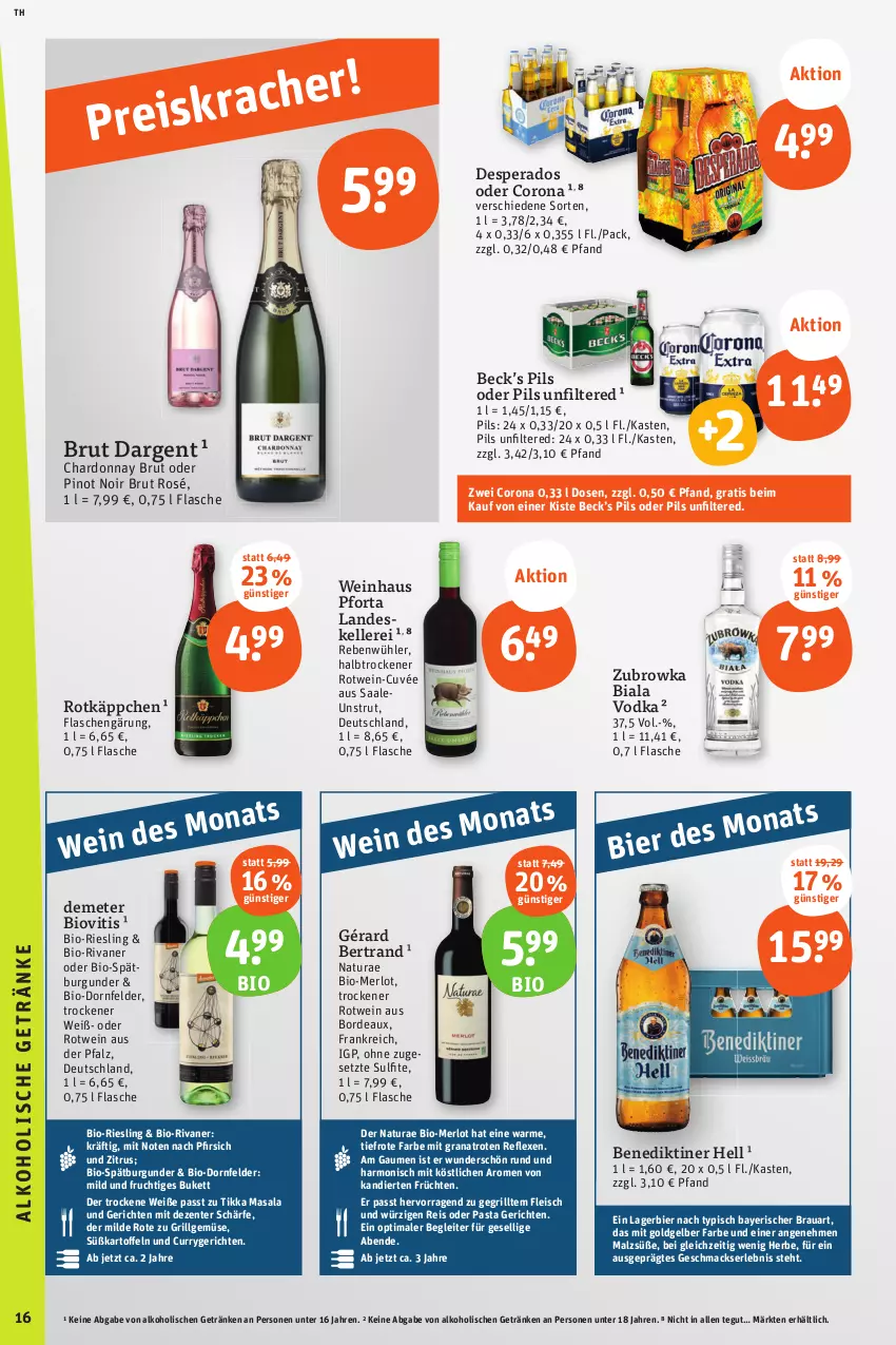 Aktueller Prospekt Tegut - Angebote der Woche - von 04.09 bis 09.09.2023 - strona 18 - produkty: alkohol, Benediktiner, bier, bio, brut, brut dargent, burgunder, chardonnay, corona, curry, cuvée, desperados, dornfelder, eis, elle, ente, flasche, fleisch, frucht, früchte, früchten, getränk, getränke, grana, grill, Lagerbier, LG, mac, malz, merl, merlot, natur, natura, pasta, pfirsich, pils, Pinot, pinot noir, Rana, reis, riesling, Rivaner, rotkäppchen, rotwein, spätburgunder, Ti, vodka, wein, ZTE