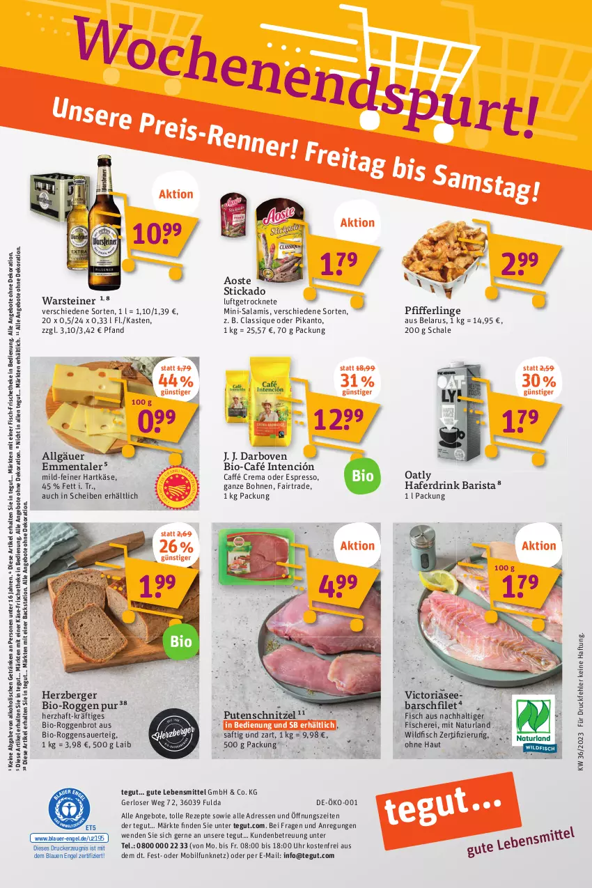 Aktueller Prospekt Tegut - Angebote der Woche - von 04.09 bis 09.09.2023 - strona 22 - produkty: alkohol, angebot, angebote, aoste stickado, auer, Berger, bio, bohne, bohnen, brot, darbo, darboven, dekoration, drink, drucker, eis, emmentaler, Engel, espresso, filet, fisch, fische, Fischer, Fulda, getränk, getränke, hafer, Haferdrink, hartkäse, herzberger, Käse, kerze, lebensmittel, LG, Mini-Salami, natur, naturland, oder espresso, Pfifferlinge, pute, putenschnitzel, reis, rezept, rezepte, Ria, saft, salami, Schal, Schale, Schere, schnitzel, steiner, stickado, Ti, uhr, warsteiner, Wild, ZTE