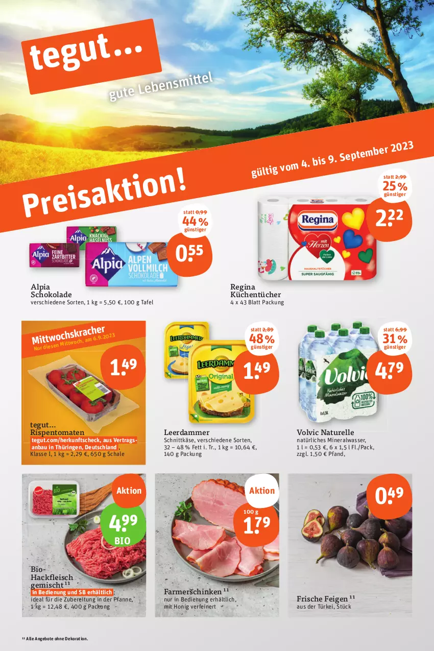 Aktueller Prospekt Tegut - Angebote der Woche - von 04.09 bis 09.09.2023 - strona 3 - produkty: alpia, Alwa, angebot, angebote, Bau, bio, dekoration, eis, elle, farmerschinken, Feigen, fleisch, gin, hackfleisch, hackfleisch gemischt, honig, Käse, küche, Küchen, küchentücher, leerdammer, mineralwasser, natur, natürliches mineralwasser, pfanne, rel, ring, rispentomaten, Schal, Schale, schinken, schnittkäse, schoko, schokolade, Ti, tomate, tomaten, tücher, volvic, wasser