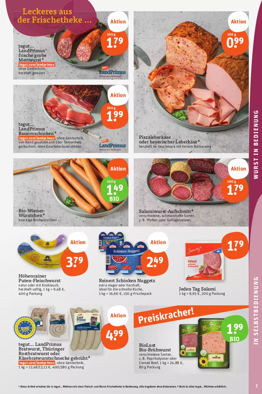 Aktueller Prospekt Tegut - Angebote der Woche - von 04.09 bis 09.09.2023 - strona 9 - produkty: angebot, angebote, auer, aufschnitt, Bau, Bauer, Bauernschinken, beef, bio, bratwurst, Brühwurst, corned beef, dekoration, eis, elle, ente, fleisch, fleischwurst, Geflügel, gewürz, Holz, Käse, knoblauch, küche, landprimus, leberkäs, leberkäse, lyoner, mac, Mett, mettwurst, mit knoblauch, natur, paprika, pizza, pute, reinert, reis, ring, rostbratwurst, saft, salami, salz, schinken, thüringer rostbratwurst, Ti, wiener, wurst, würstchen, Yo