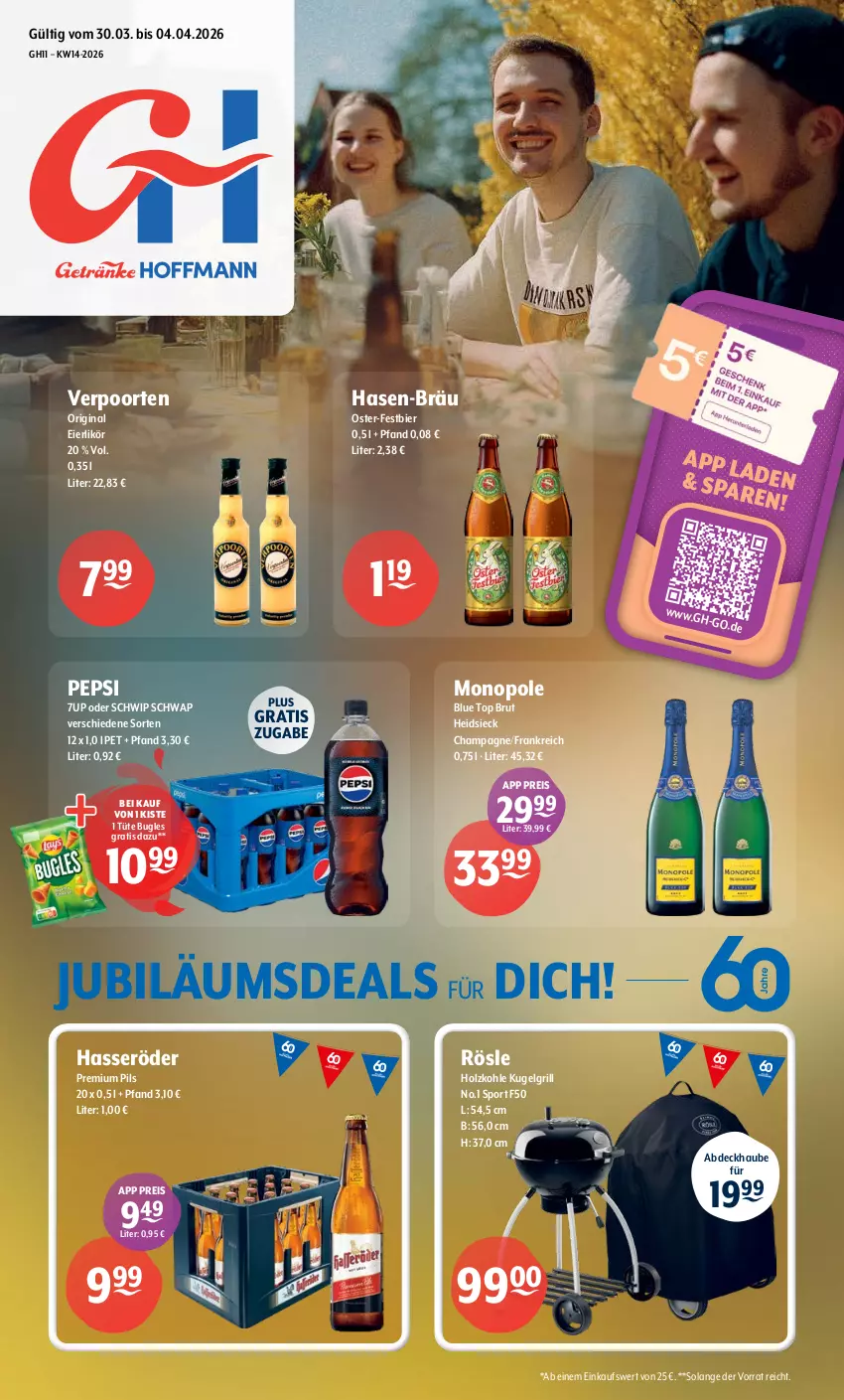 Aktueller Prospekt Getraenke Hoffmann - Prospekte - von 30.03 bis 04.04.2026 - strona 1 - produkty: 7UP, abdeckhaube, bier, brut, bugles, champagne, eier, eierlikör, eis, gin, grill, hasseröder, Holz, holzkohle, Jubiläums, Kugel, kugelgrill, LG, likör, pepsi, pils, premium pils, reis, rösle, Schwip Schwap, Sport, Ti, Tüte, verpoorten