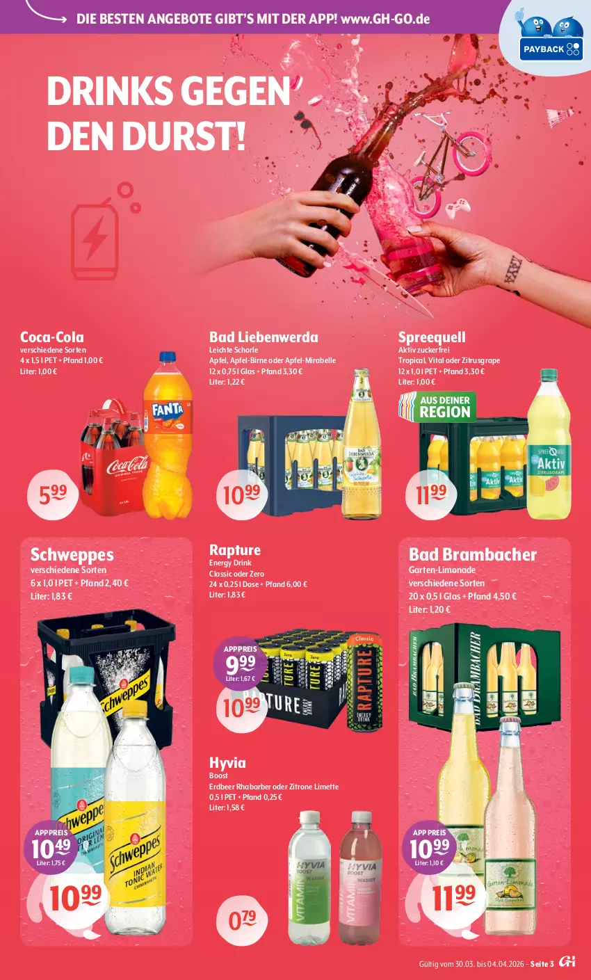 Aktueller Prospekt Getraenke Hoffmann - Prospekte - von 30.03 bis 04.04.2026 - strona 3 - produkty: angebot, angebote, apfel, Bad, Bad Liebenwerda, coca-cola, cola, drink, drinks, eis, elle, energy drink, Garten, limette, limo, limonade, Mett, reis, rhabarber, schorle, schweppes, Spreequell, Ti, vita, zitrone, zucker