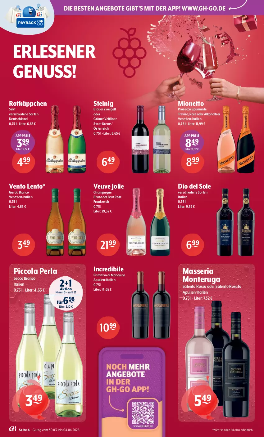 Aktueller Prospekt Getraenke Hoffmann - Prospekte - von 30.03 bis 04.04.2026 - strona 4 - produkty: alkohol, angebot, angebote, auer, blauer zweigelt, brut, champagne, cola, ecco, eis, grüner veltliner, mionetto, monte, nuss, perla, primitivo, prosecco, puma, reis, Ria, rosato, rotkäppchen, sekt, spumante, Ti, Zweigelt
