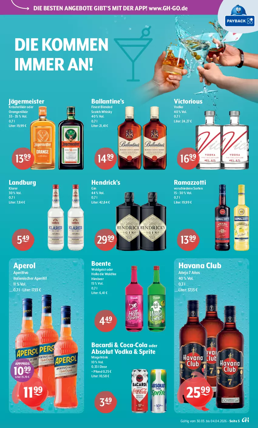 Aktueller Prospekt Getraenke Hoffmann - Prospekte - von 30.03 bis 04.04.2026 - strona 5 - produkty: Absolut Vodka, angebot, angebote, aperitif, aperol, bacardi, ball, blended scotch, blended scotch whisky, coca-cola, cola, eis, ente, Germ, getränk, gin, Havana Club, himbeer, jägermeister, kräuter, kräuterlikör, likör, Meister, Mixgetränk, orange, orangen, rama, ramazzott, ramazzotti, reis, scotch, scotch whisky, sprite, Ti, vodka, whisky, zott