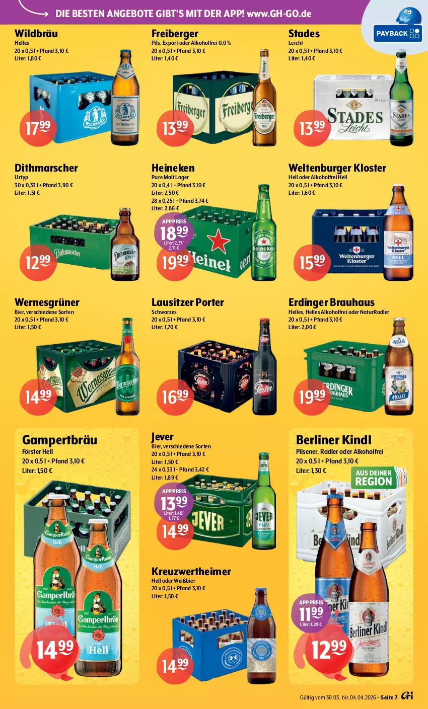 Aktueller Prospekt Getraenke Hoffmann - Prospekte - von 30.03 bis 04.04.2026 - strona 7 - produkty: alkohol, angebot, angebote, Berger, berliner, berliner kindl, bier, burger, eimer, eis, elle, erdinger, Freiberger, heineken, jever, mars, natur, pils, pilsener, radler, reis, Ti, urtyp, Wild