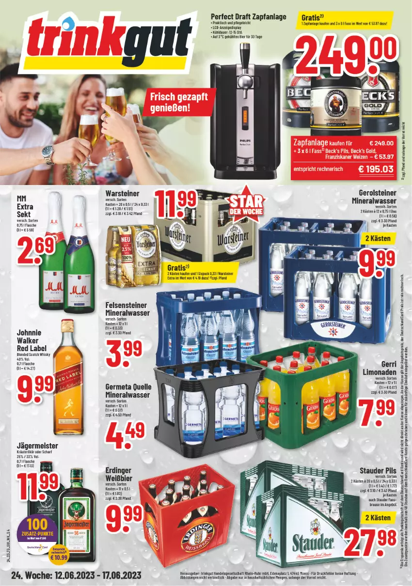 Aktueller Prospekt Trinkgut - von 12.06 bis 17.06.2023 - strona 1 - produkty: Alwa, angebot, angebotspreis, auer, bier, blended scotch, blended scotch whisky, brause, deutschlandcard, eis, elle, erde, erdinger, flasche, Germ, gerolsteine, gerolsteiner, jägermeister, kräuter, kräuterlikör, LG, likör, limo, limonade, limonaden, Meister, mineralwasser, mm extra, pils, reis, scotch, scotch whisky, sekt, steiner, Ti, tisch, warsteiner, wasser, whisky