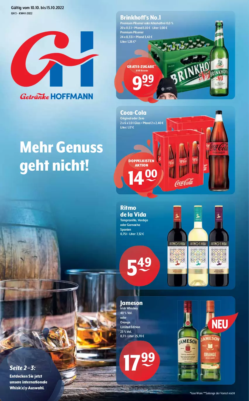 Aktueller Prospekt Getraenke Hoffmann - Prospekte - von 10.10 bis 15.10.2022 - strona 1 - produkty: alkohol, Beanie, coca-cola, cola, decke, erde, gin, irish whiskey, jameson, nuss, orange, pils, pilsener, premium pils, tempranillo, Ti, whiskey