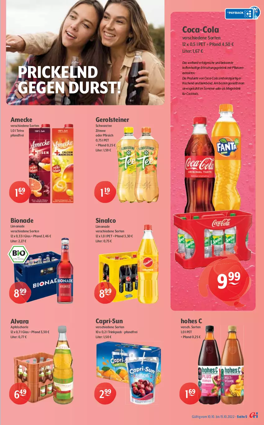 Aktueller Prospekt Getraenke Hoffmann - Prospekte - von 10.10 bis 15.10.2022 - strona 5 - produkty: Alwa, amecke, apfel, Apfelschorle, bio, bionade, Cap, capri-sun, coca-cola, cocktail, cocktails, cola, durstlöscher, eis, elle, erfrischungsgetränk, flasche, Forstetal, frucht, gerolsteine, gerolsteiner, getränk, hella, himbeer, Hohes C, kirsch, kirsche, LG, limo, limonade, limonaden, mac, mineralwasser, Mixgetränk, natur, natürliches mineralwasser, nuss, pfirsich, pflanze, pflanzen, reis, rel, RhönSprudel, schorle, sinalco, Sprudel, steiner, tee, Ti, wasser, zitrone, ZTE, zucker