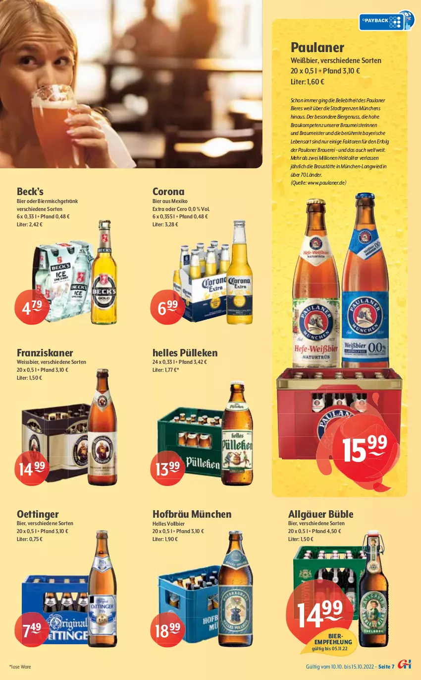 Aktueller Prospekt Getraenke Hoffmann - Prospekte - von 10.10 bis 15.10.2022 - strona 7 - produkty: alkohol, auer, aust, Berger, bier, Biere, bitburger, bitburger pils, budweiser, burger, corona, eis, elle, franziskaner, getränk, gin, hasseröder, heineken, Heu, LG, lion, Meister, nuss, oettinger, Paula, paulaner, pils, pilsner, premium pils, radeberger, reis, rum, Spaten, Spektrum, steiner, Ti, warsteiner, weissbier