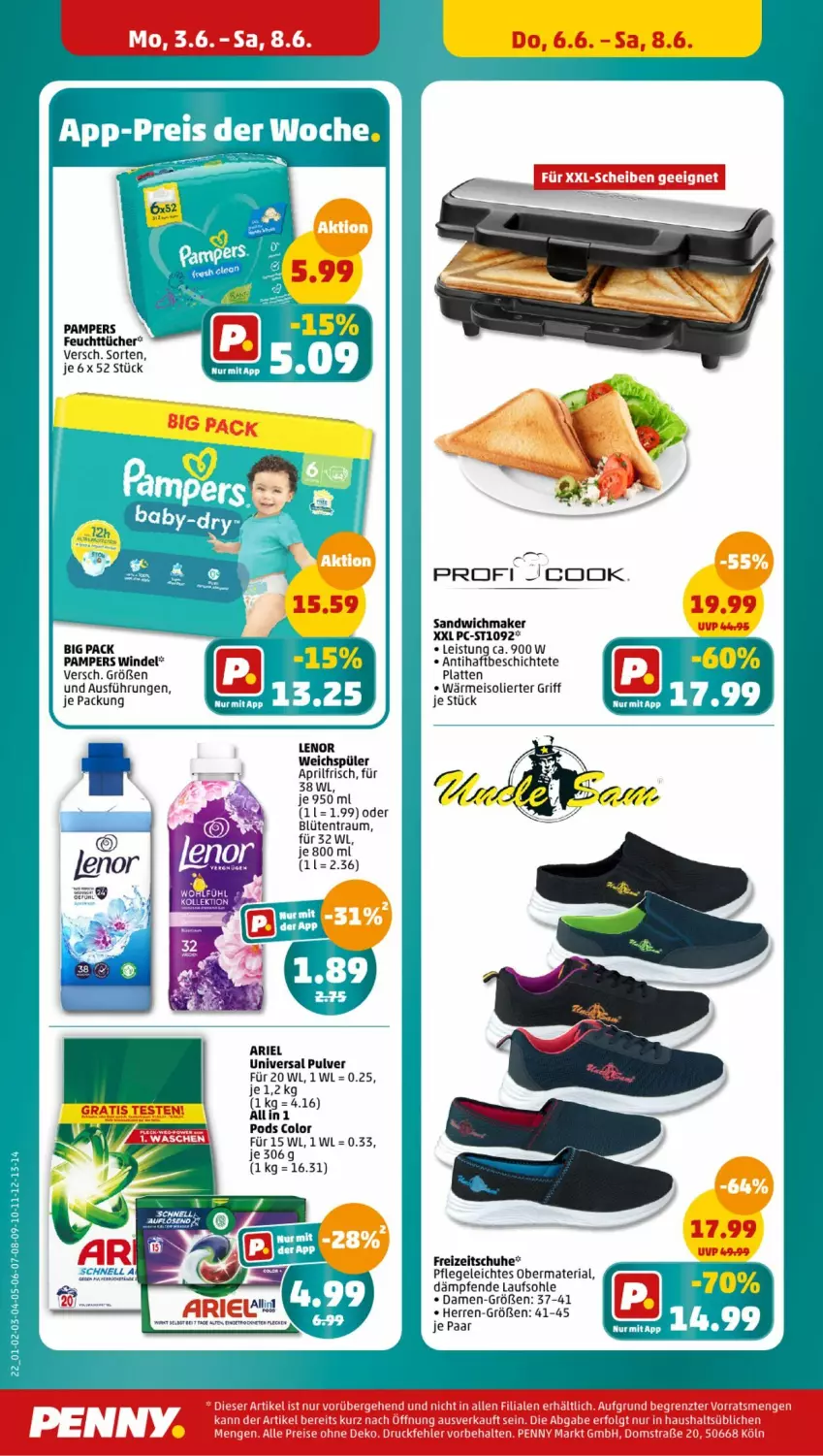 Aktueller Prospekt Penny - Prospekte - von 03.06 bis 08.06.2024 - strona 6 - produkty: ariel, Blüte, eis, feuchttücher, Freizeitschuhe, latte, lenor, lenor weichspüler, pampers, Pods, pril, Ria, sandwich, schuhe, Ti, tücher, universal pulver, weichspüler