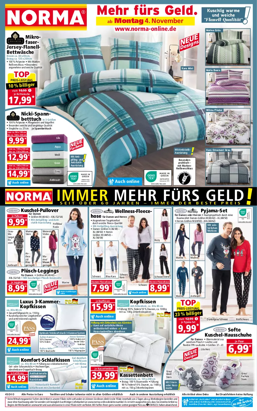 Aktueller Prospekt Norma - Norma - von 04.11 bis 11.11.2024 - strona 1 - produkty: aqua, asti, Bau, baumwolle, Bebe, beere, bett, Betttuch, bettwäsche, bügel, eis, Elan, elle, Fleecehose, flieder, gin, Hausschuhe, hohenstein, Holz, hose, kissen, kopfkissen, kraft, leggings, LG, Liege, mab, mint, ndk, Plüsch, Pullover, Pyjama, reine baumwolle, reis, Ria, ring, schuhe, spannbetttuch, Ti, Tipi, tisch, tuc, wein, wolle, ZTE