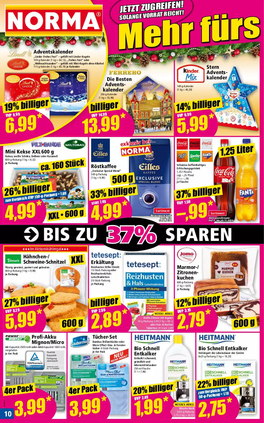 Aktueller Prospekt Norma - Norma - von 04.11 bis 11.11.2024 - strona 10 - produkty: Adventskalender, akku, alkohol, auer, bambus, bio, braten, Effect, eis, entkalker, erfrischungsgetränk, fenster, flasche, getränk, gewürz, ingwer, kaffee, kakao, karamell, keks, kekse, kuchen, Kugel, kühlregal, lebensmittel, lindor, ohne alkohol, regal, röstkaffee, schnitzel, schoko, schwein, schweine, schweine-schnitzel, tablet, tablett, Tablette, Ti, tücher, wein, weine, zitrone, zitronen