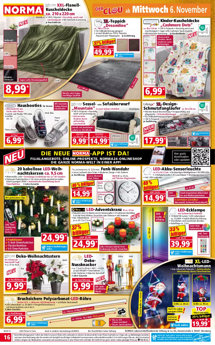 Aktueller Prospekt Norma - Norma - von 04.11 bis 11.11.2024 - strona 16 - produkty: Adventskranz, akku, angebot, angebote, armlehnen, auer, auto, batterie, batterien, Bebe, beere, beeren, Bewegungssensor, Bona, Booties, braun, cashmere, decke, deka, dell, eis, elle, fernbedienung, gin, Grom, Holz, Hygrometer, kerze, Kinder, knacker, Kranz, kuscheldecke, lack, Lacke, ladekabel, Lampe, latte, Läufer, lebensmittel, leds, Leuchte, LG, Mode, ndk, nuss, Nussknacker, Plüsch, reis, Ria, rosen, rum, rwe, SANTE, Schal, sessel, Sofa, Sofaüberwurf, Spektrum, Spiele, teppich, Ti, timer, tisch, topf, uhr, usb, wanduhr, Weihnachtskerzen, Weihnachtsstern, ZTE