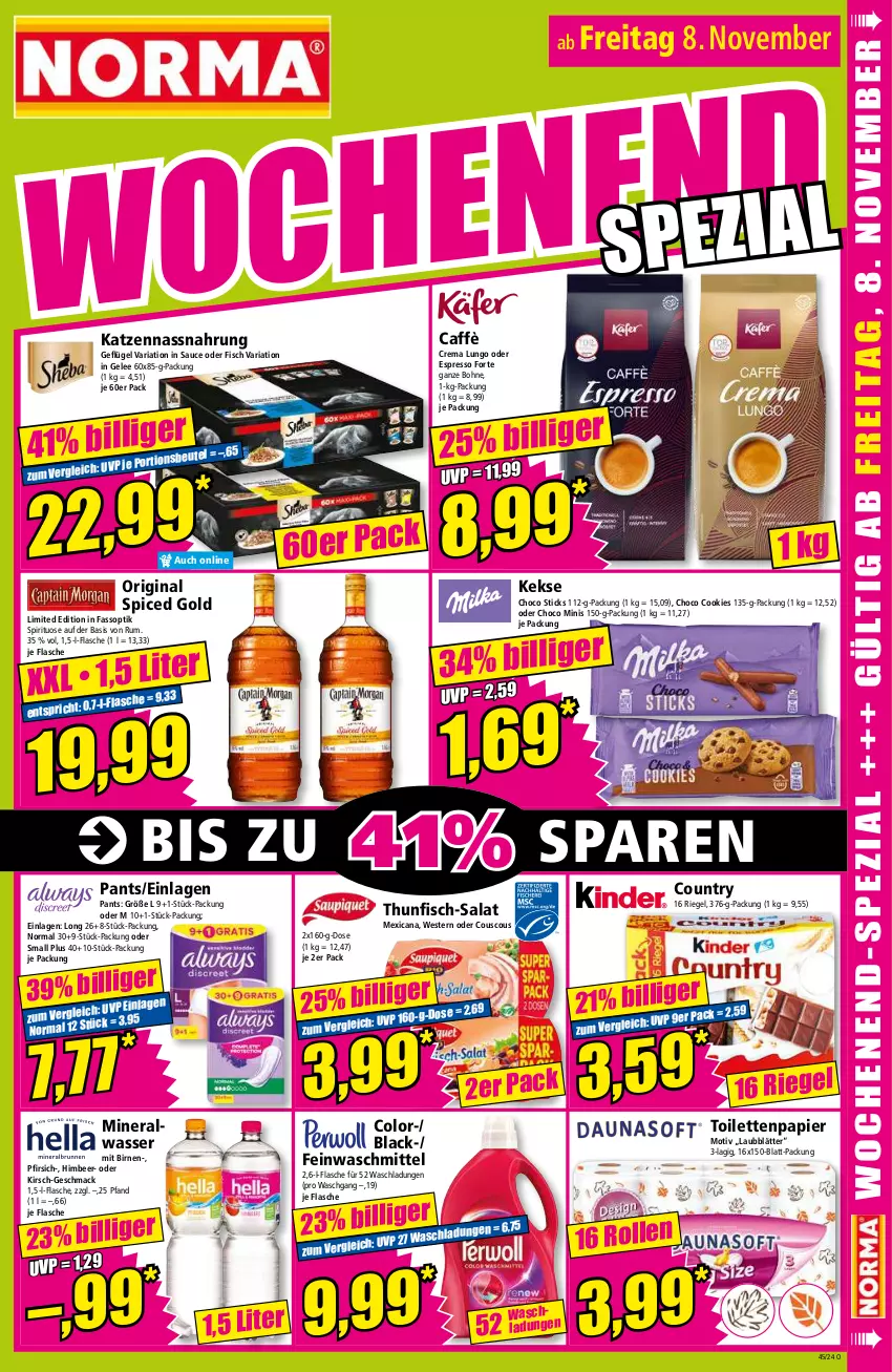 Aktueller Prospekt Norma - Norma - von 04.11 bis 11.11.2024 - strona 17 - produkty: Alwa, Birnen, bohne, cookie, cookies, couscous, espresso, feinwaschmittel, fisch, flasche, Geflügel, gelee, gin, himbeer, keks, kekse, kirsch, lack, lungo, mac, mineralwasser, Nassnahrung, oder espresso, original spiced gold, Pants, papier, pfirsich, Ria, riegel, rum, salat, sauce, thunfisch, Ti, toilettenpapier, waschmittel, wasser, Weste