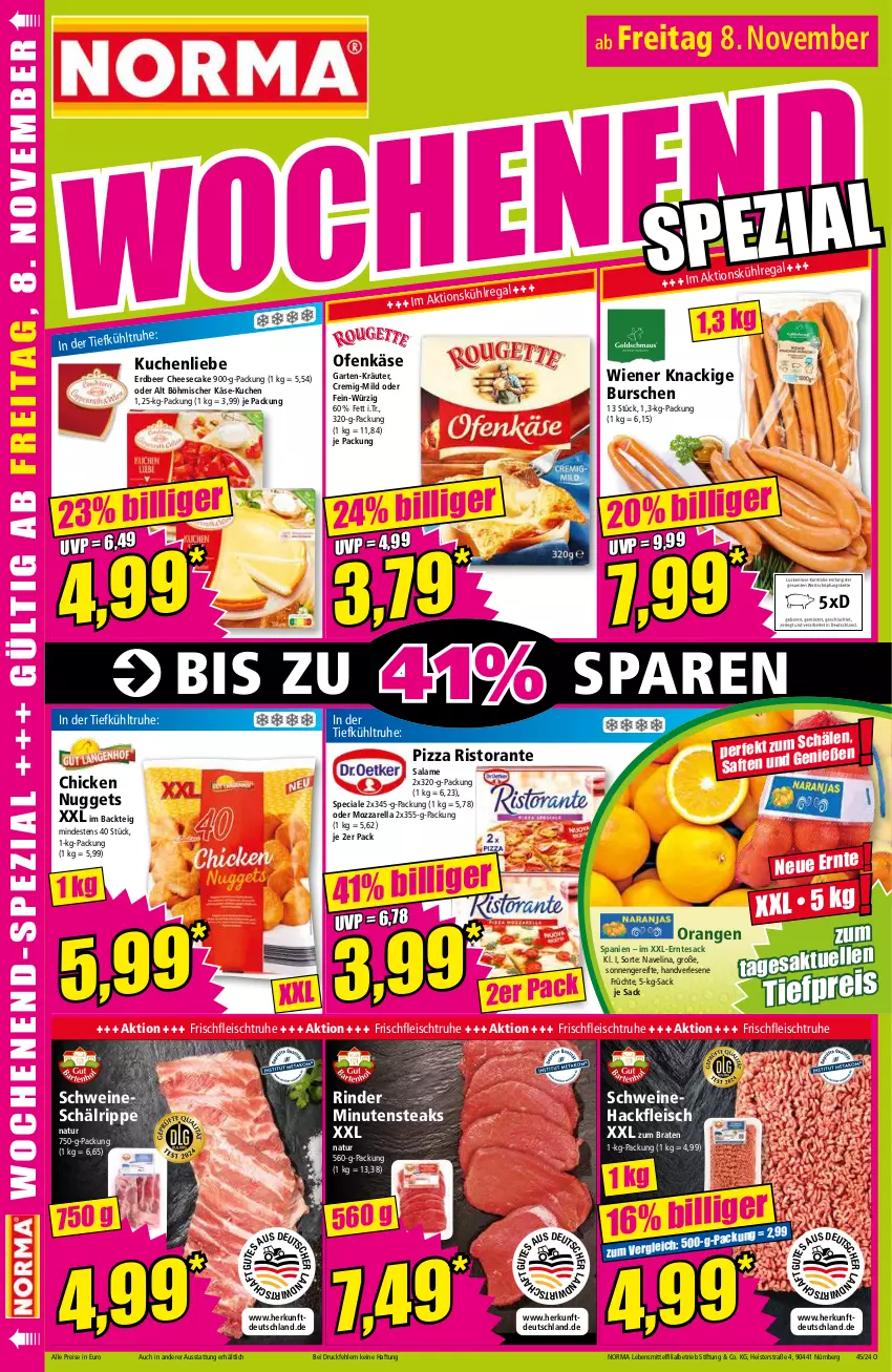 Aktueller Prospekt Norma - Norma - von 04.11 bis 11.11.2024 - strona 18 - produkty: braten, cheesecake, chicken nuggets, eis, fleisch, früchte, Garten, hackfleisch, Käse, kräuter, kuchen, kuchenliebe, lebensmittel, minutensteaks, mozzarella, natur, navelina, nuggets, Ofen, Ofenkäse, orange, orangen, pizza, regal, reis, rel, rind, rinder, ristorante, sac, saft, schwein, schweine, Schweinehackfleisch, steak, steaks, tesa, Ti, tiefpreis, wein, weine, wiener