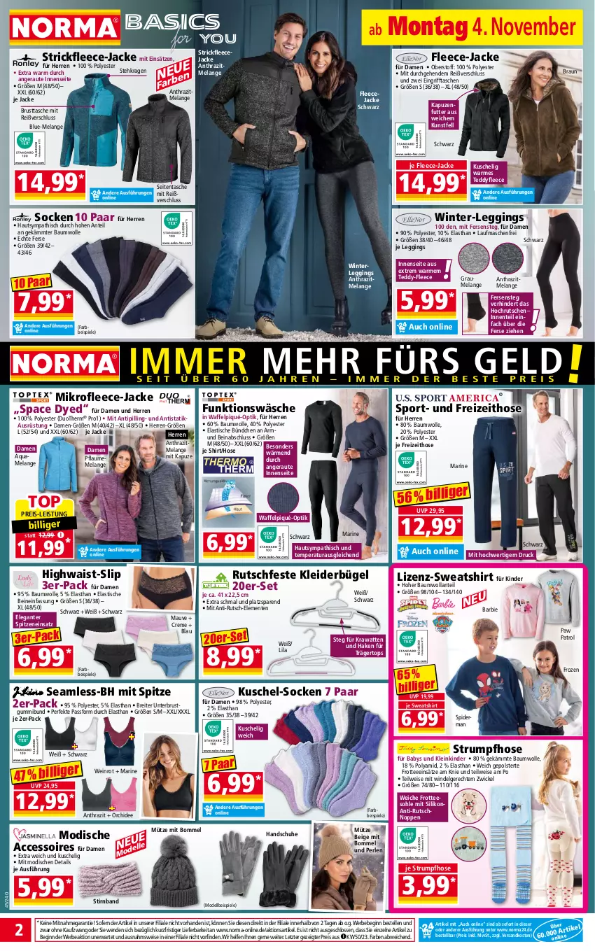 Aktueller Prospekt Norma - Norma - von 04.11 bis 11.11.2024 - strona 2 - produkty: ACC, accessoires, aqua, asti, Barbie, Bau, baumwolle, Bebe, braun, Brei, bügel, creme, dell, eis, Elan, elle, ente, Fleecejacke, gin, handschuhe, hose, Jacke, Kinder, kleid, kleider, kleiderbügel, leggings, LG, Mode, Mütze, ndk, orchidee, Paw Patrol, perlen, pflaume, reis, rum, schuhe, shirt, slip, socken, Spiele, Sport, Strickfleecejacke, Strumpfhose, Sweatshirt, Tasche, taschen, tee, Ti, Tipi, tisch, wein, WICK, wolle, Yo, ZTE