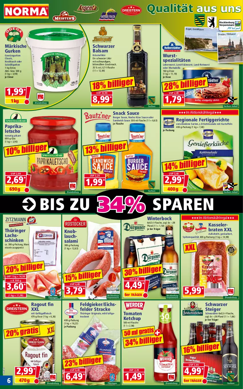 Aktueller Prospekt Norma - Norma - von 04.11 bis 11.11.2024 - strona 6 - produkty: aufschnitt, balsam, bier, braten, burger, Burger Sauce, dell, eimer, eis, fertiggericht, fertiggerichte, flasche, fleisch, Fleischerei, Geflügel, gewürz, Gewürzgurke, gewürzgurken, gin, gurke, gurken, kartoffel, kartoffeln, Käse, kasseler, Kasselerbraten, ketchup, knoblauch, Knoblauchsalami, kräuter, kräuterlikör, Kreide, kühlregal, lachs, lachsschinken, leberwurst, Letscho, LG, likör, lorenz, mac, mortadella, nacho, paprika, Ragout, regal, reis, ring, Rotwurst, salami, salz, sandwich, sauce, Schere, schinken, snack, Spezi, spitzenqualität, Ti, tomate, tomaten, tomaten ketchup, wurst