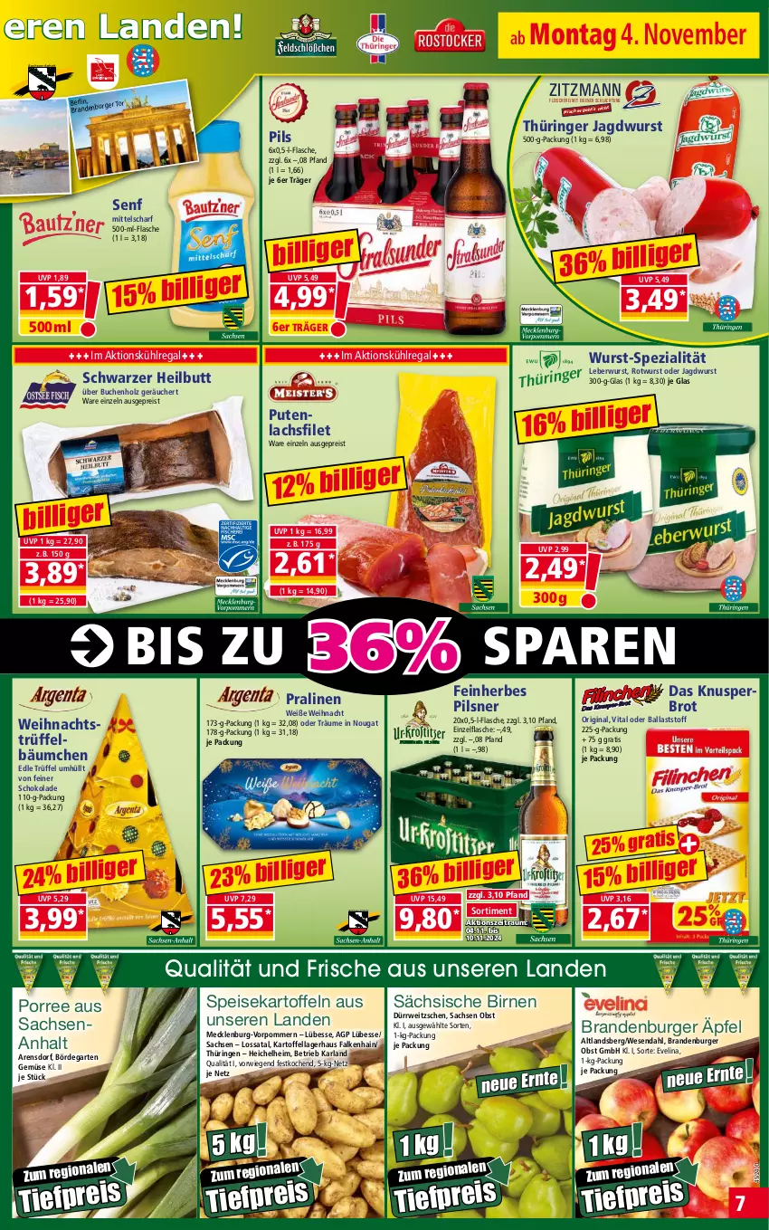 Aktueller Prospekt Norma - Norma - von 04.11 bis 11.11.2024 - strona 7 - produkty: arla, ball, Birnen, Brandenburger äpfel, brot, buch, burger, eis, filet, flasche, fleisch, Fleischerei, Garten, gin, Holz, jagdwurst, kartoffel, kartoffeln, kühlregal, lachs, lachsfilet, leberwurst, obst, pils, pilsner, pralinen, pute, regal, reis, ring, Rotwurst, rwe, sac, Schere, schoko, schokolade, senf, speisekartoffeln, Spezi, Ti, tiefpreis, Trüffel, vita, wurst