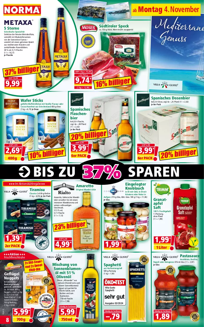 Aktueller Prospekt Norma - Norma - von 04.11 bis 11.11.2024 - strona 8 - produkty: Amaretto, apfel, arrabbiata, auer, basilico, Becher, bier, blume, blumen, blumenöl, bolognese, braten, chili, classico, dell, dip, eis, elle, flakes, flasche, fleisch, frucht, Geflügel, gewürz, gin, grana, granatapfel, hartweizen, knoblauch, kräuter, kräutern, kühlregal, likör, mac, mandel, natur, nuggets, nuss, olive, oliven, olivenöl, olivenöl extra, pasta, Rana, regal, reis, rosen, rwe, saft, salat, salate, sauce, sonnenblume, sonnenblumen, sonnenblumenöl, spaghetti, Speck, Spezi, südtiroler, teller, Ti, tiramisu, Waffelröllchen, wein, weine