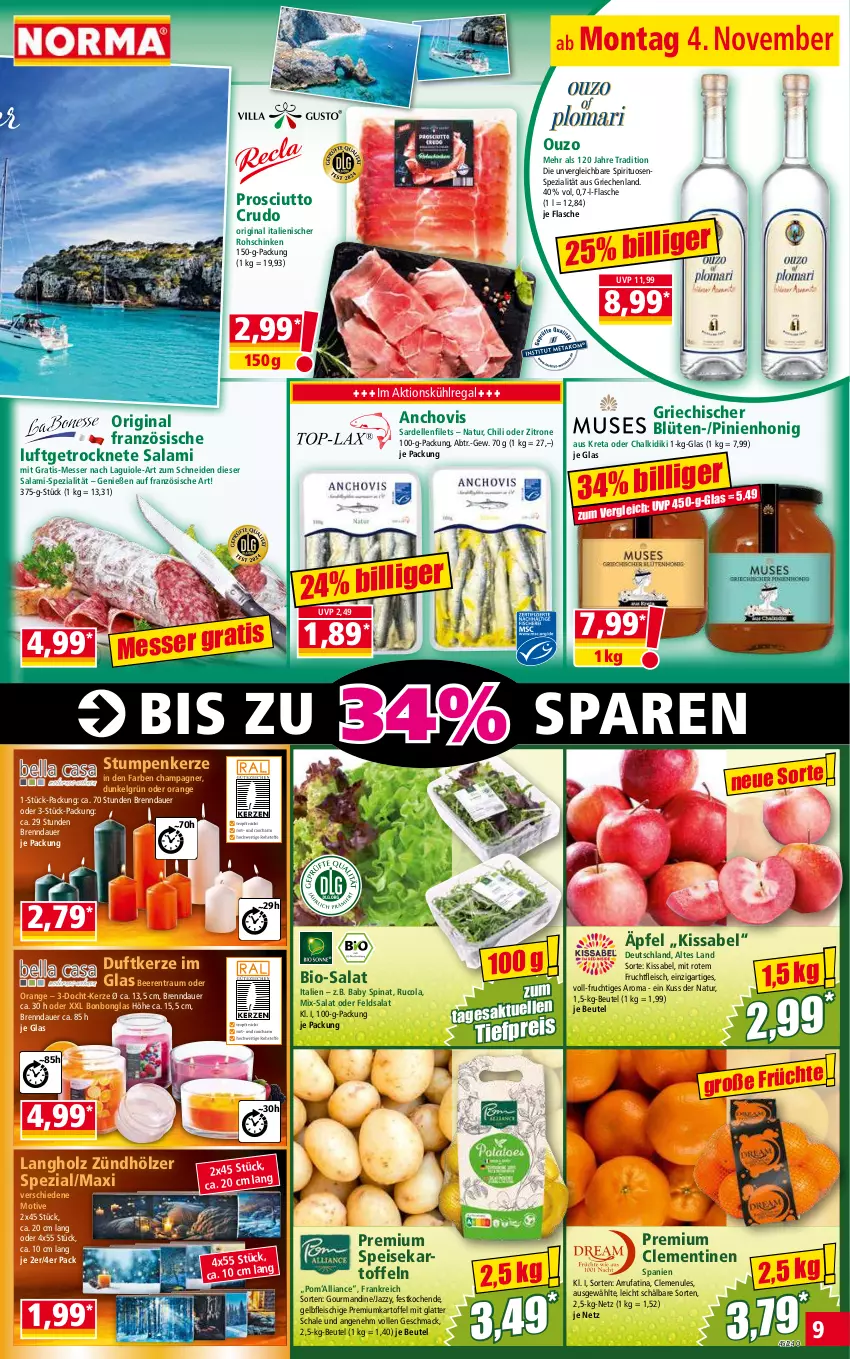 Aktueller Prospekt Norma - Norma - von 04.11 bis 11.11.2024 - strona 9 - produkty: auer, beere, beeren, beutel, bio, Blüte, Bonbonglas, champagne, champagner, chili, chovi, clementinen, cola, dell, Duftkerze, eis, elle, feldsalat, filet, filets, flasche, fleisch, frucht, fruchtfleisch, gin, Holz, honig, kartoffel, kerze, kühlregal, latte, LG, Luftgetrocknete Salami, mac, messer, natur, orange, ouzo, prosciutto, prosciutto crudo, regal, reis, rohschinken, rucola, salami, salat, Sardellen, Schal, Schale, schinken, Spezi, spinat, spirituosen, Ti, tiefpreis, zitrone