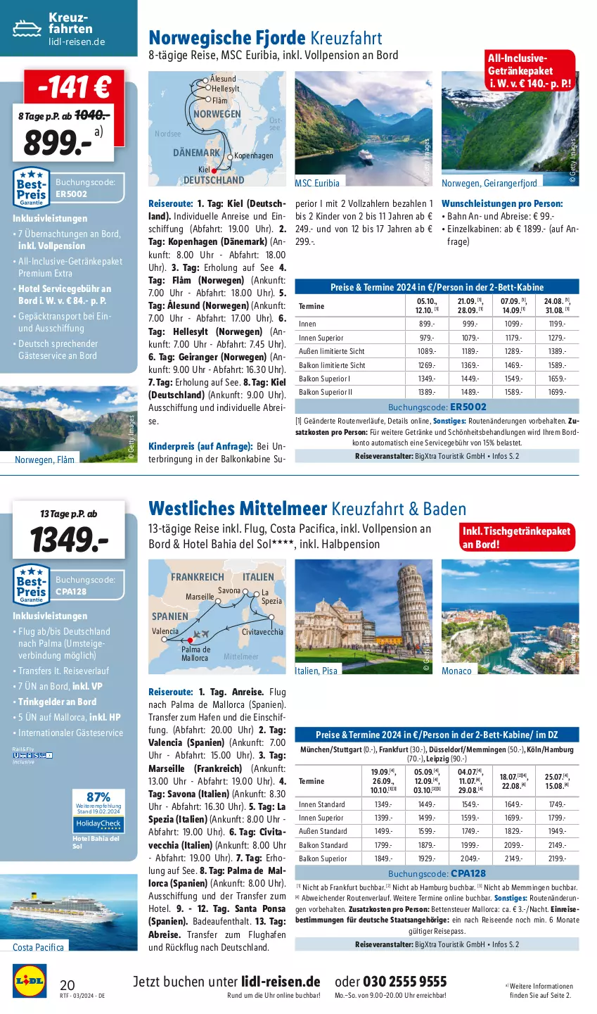 Aktueller Prospekt Lidl - Rundreisen & Kreuzfahrten - von 13.03 bis 15.04.2024 - strona 20 - produkty: auto, Bad, balkonkabine, bett, Betten, Brei, buch, chia, Cif, eis, elle, emmi, getränk, getränke, HP, inklusivleistungen, Kinder, kreuzfahrten, Malbuch, mars, Nordsee, reis, reiseveranstalter, reiseverlauf, ring, rwe, Spezi, Sport, Ti, tisch, uhr, vita