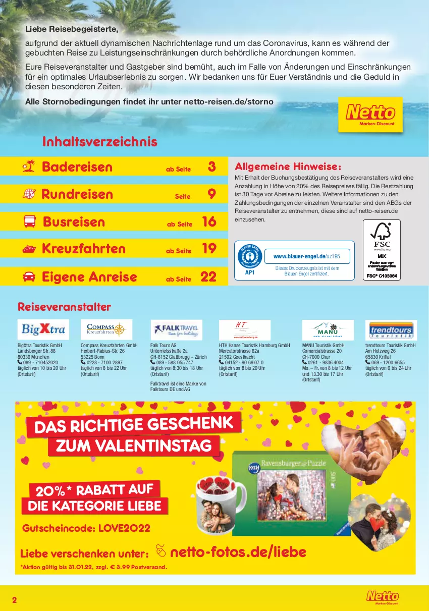 Aktueller Prospekt Netto Marken-Discount - Reisemagazin Januar - von 30.12.2021 bis 31.01.2022 - strona 2 - produkty: auer, Bad, Berger, Brei, buch, busreisen, corona, drucker, eis, Engel, gutschein, Holz, kerze, kreuzfahrten, LG, merci, reis, reiseveranstalter, Ti, trendtours touristik gmbh, uhr