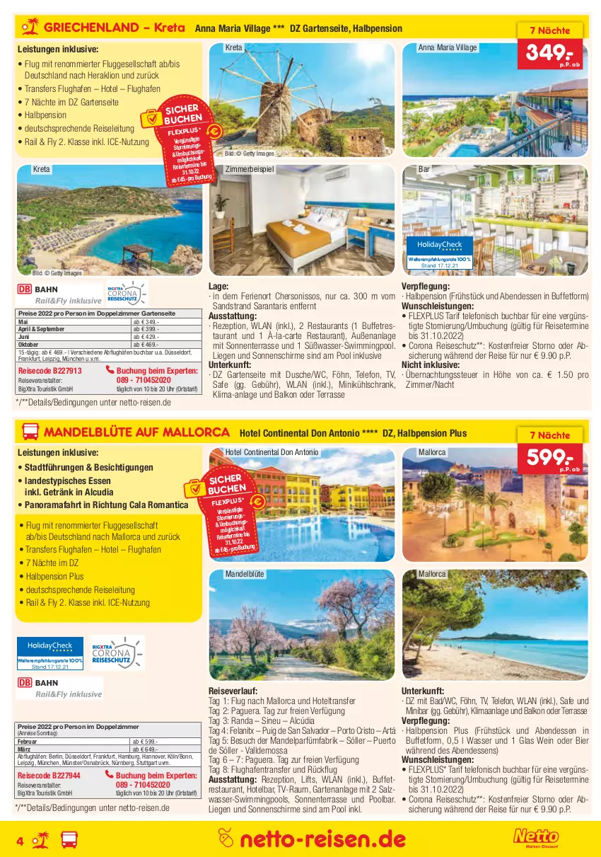 Aktueller Prospekt Netto Marken-Discount - Reisemagazin Januar - von 30.12.2021 bis 31.01.2022 - strona 4 - produkty: Bad, bier, Blüte, buch, corona, dusche, eier, eis, Elan, ente, Garten, getränk, kühlschrank, Liege, lion, mandel, pool, pril, rama, reis, reiseveranstalter, reiseverlauf, rezept, Ria, salz, schirme, Schrank, sonnenschirm, telefon, Ti, uhr, wasser, wein, zimmerbeispiel