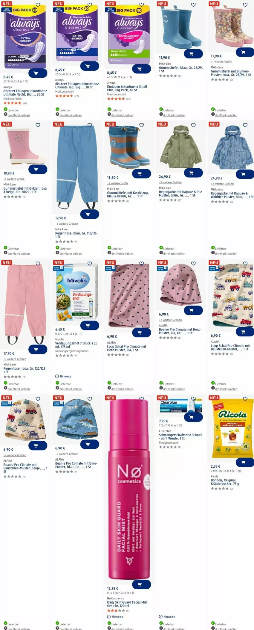 Aktueller Prospekt Dm Drogerie - Prospekte - von 30.06 bis 09.07.2025 - strona 3 - produkty: Alwa, Always, aust, Bau, Beanie, bett, Betten, blume, blumen, braun, Clearblue, cola, Discreet, eis, elle, gin, Gummistiefel, hose, Jacke, Kraut, kräuter, Mate Tee, medizinprodukt, Ricola, Schal, Schwangerschaftstest, tee, Ti, zucker