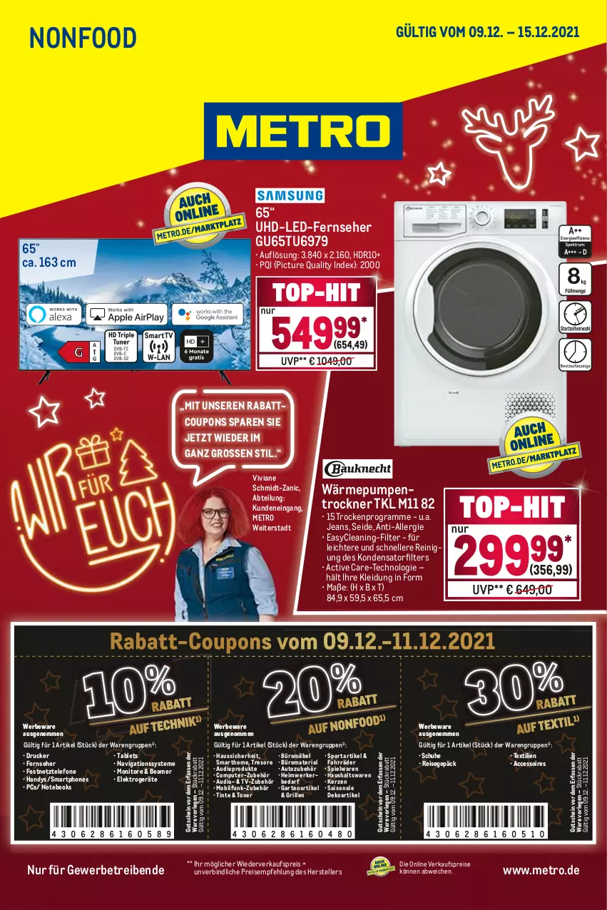 Aktueller Prospekt Metro - NonFood - von 09.12 bis 15.12.2021 - strona 1 - produkty: Abtei, ACC, accessoires, auto, Autozubehör, computer, coupon, coupons, drucker, eis, Elektro, elektrogeräte, elle, fernseher, Garten, grill, gutschein, Handy, jeans, kerze, kleid, Kleidung, Metro, möbel, monitor, Monitore, notebook, notebooks, pute, rabatt-coupon, Reinigung, reis, Ria, schuhe, smartphone, smartphones, spielwaren, Sport, tablet, Tablets, telefon, teller, Ti, Toner, Trockner, uhd, wärmepumpentrockner, ZTE