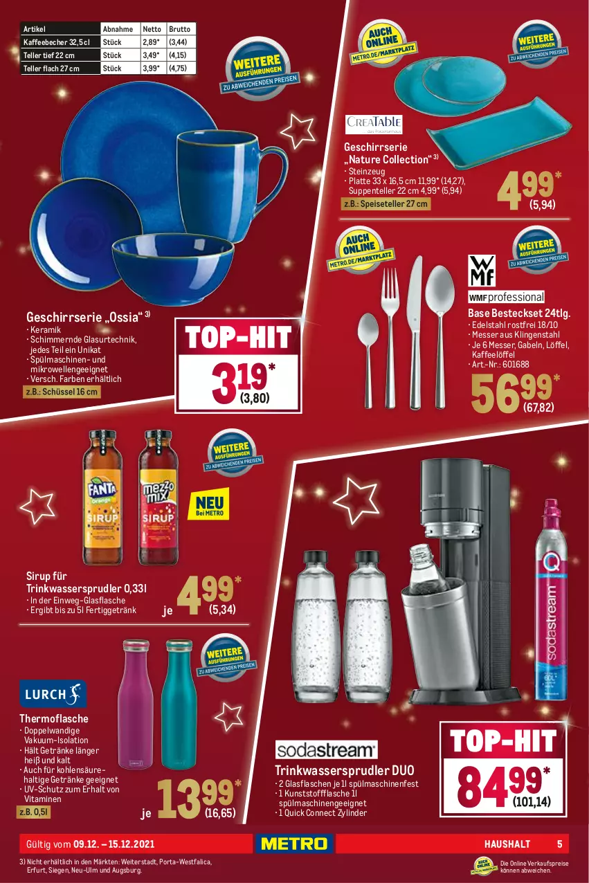 Aktueller Prospekt Metro - NonFood - von 09.12 bis 15.12.2021 - strona 5 - produkty: Becher, besteck, besteckset, brut, edelstahl, eis, elle, ente, flasche, gabel, geschirr, Geschirrserie, getränk, getränke, glasflasche, kaffee, kaffeebecher, latte, LG, Löffel, messer, mikrowelle, natur, reis, schüssel, sirup, Speiseteller, spülmaschinen, suppe, suppen, teller, Ti, uv-schutz, vita, Vitamine, wasser, wassersprudler