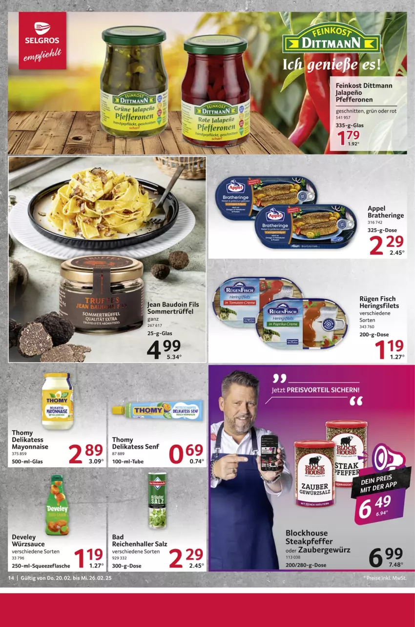 Aktueller Prospekt Selgros - Food - von 20.02 bis 26.02.2025 - strona 14 - produkty: Bad, Bau, Bratheringe, delikatess senf, dittmann, eier, feinkost, filet, filets, fisch, gewürz, hering, Herings, heringsfilets, mam, mayonnaise, pfeffer, pfefferonen, ring, salz, sauce, schnitten, senf, steak, thomy, würzsauce, Yo