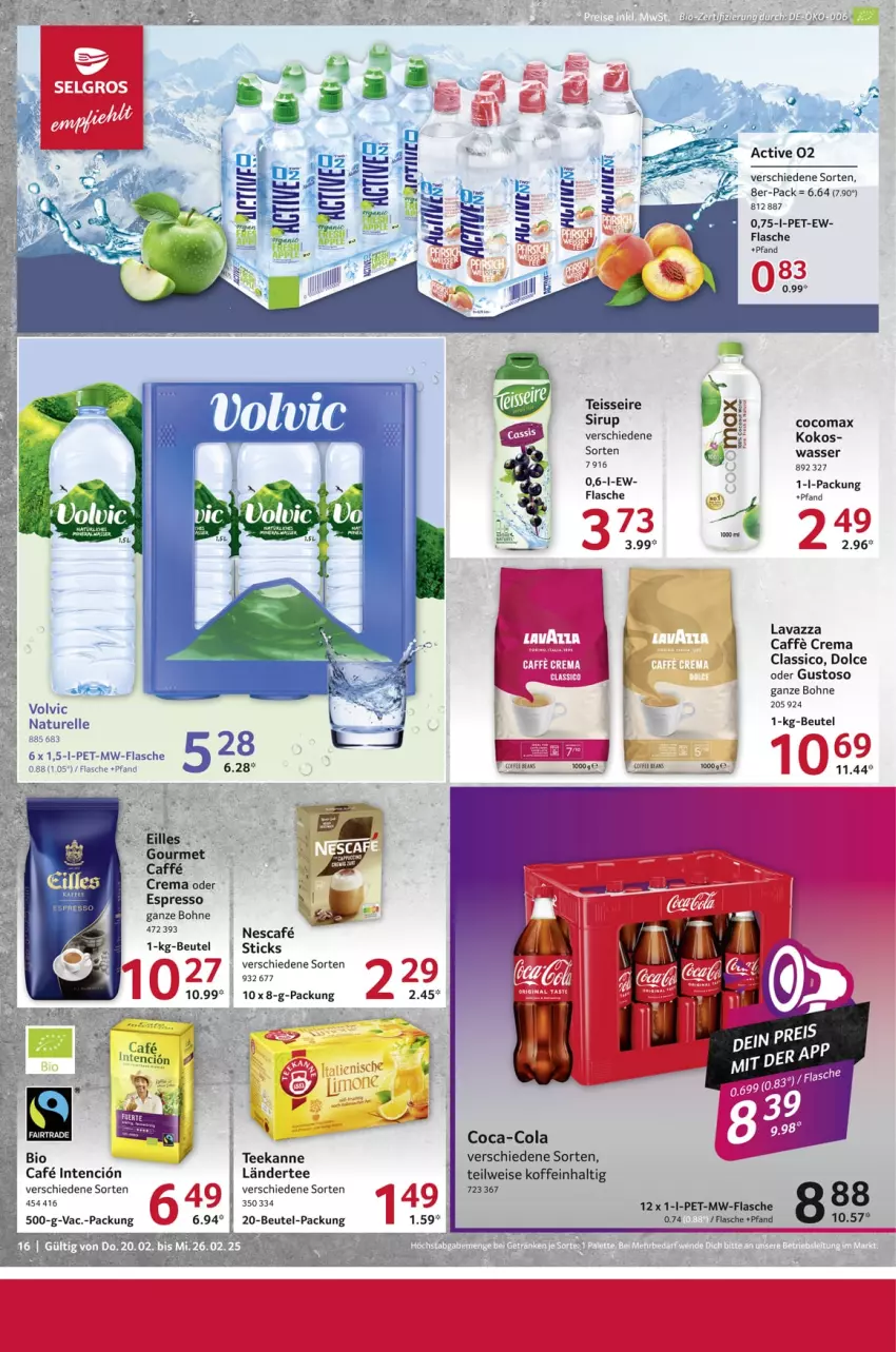 Aktueller Prospekt Selgros - Food - von 20.02 bis 26.02.2025 - strona 16 - produkty: beutel, bio, bohne, caffe, classico, coca-cola, cola, eis, elle, espresso, flasche, kokos, Ländertee, lavazza, mw-flasche, natur, nescafe, rel, sirup, tee, teekanne, Ti, volvic, wasser