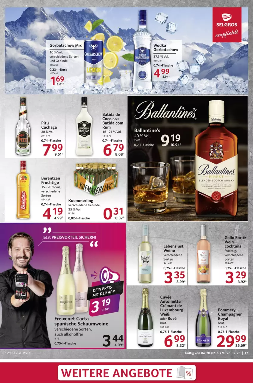 Aktueller Prospekt Selgros - Food - von 20.02 bis 26.02.2025 - strona 17 - produkty: alkohol, ball, batida, berentzen, brut, champagne, champagner, cocktail, cocktails, eis, flasche, freixenet, frucht, gallo, Gorbatschow, kuemmerling, merl, pril, reis, rum, Ti, wein, weine, wodka