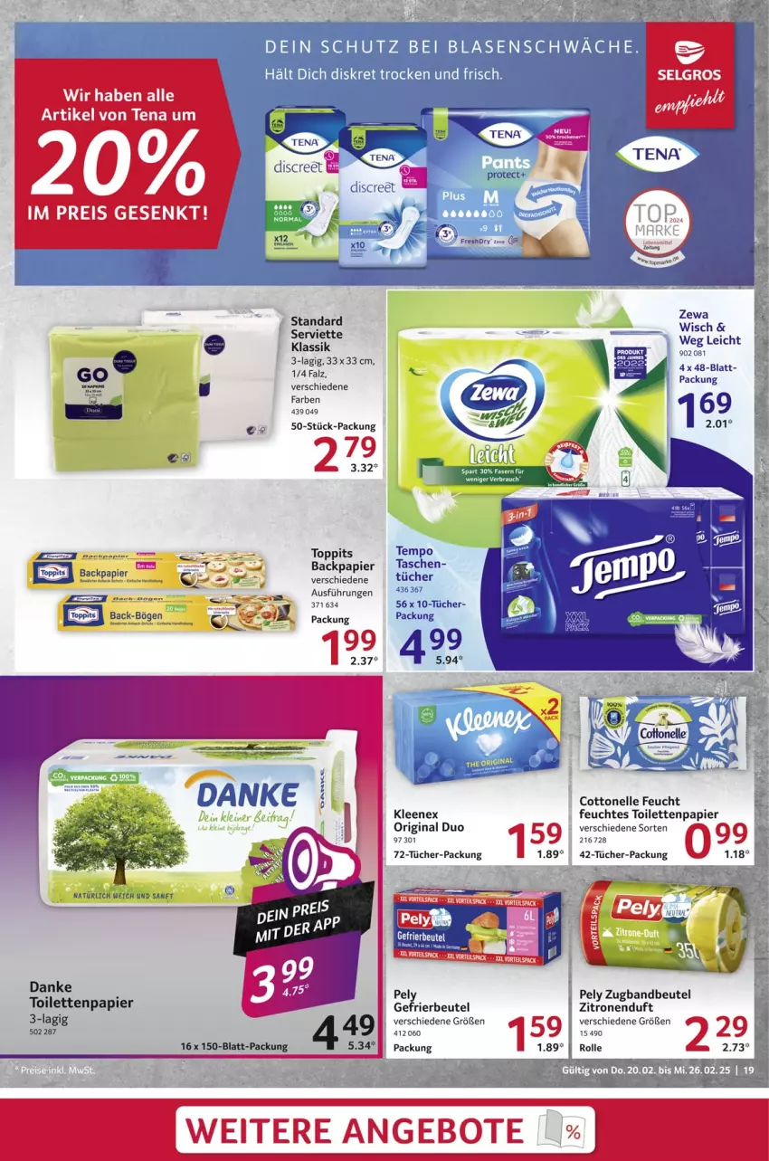 Aktueller Prospekt Selgros - Food - von 20.02 bis 26.02.2025 - strona 19 - produkty: beutel, cottonelle, elle, feuchtes toilettenpapier, gefrierbeutel, gin, papier, pely, Serviette, Tasche, taschen, Tempo, toilettenpapier, toppits, tuc, tücher, zewa, zitrone, zitronen